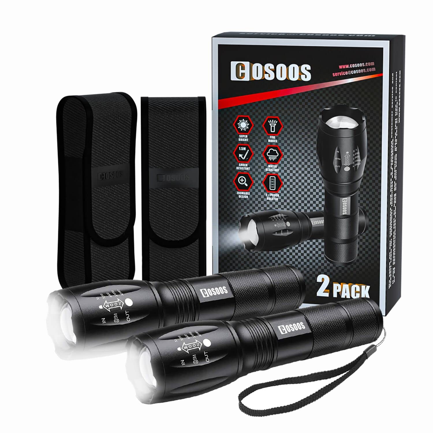 COSOOS 2-Pack 1000 Lumen LED Tactical Flashlights with Belt Holsters - Zoomable, Waterproof, Battery-Free for Camping, Hiking & Emergency Use