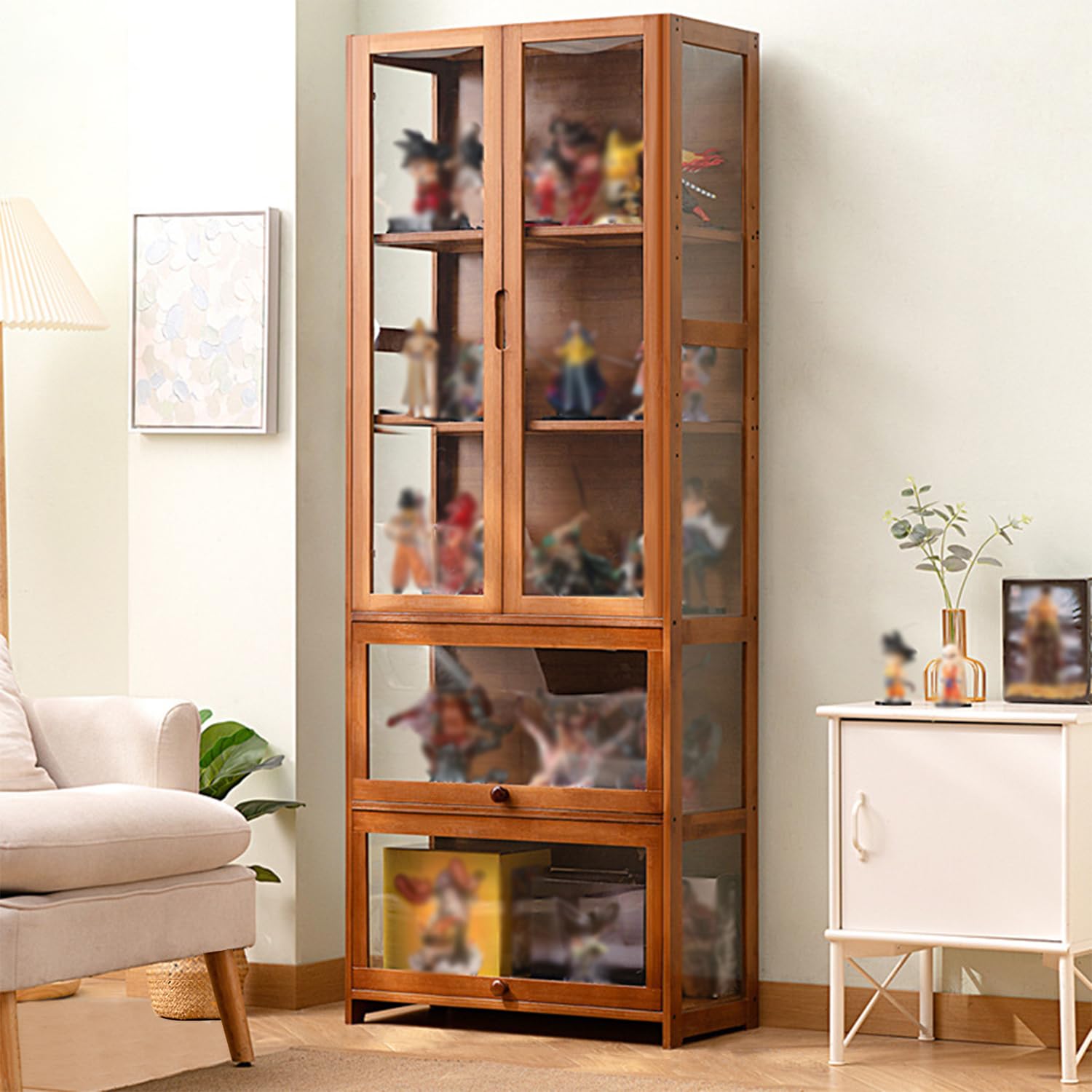 25.6x12.6x66.9 Inch Acrylic Display Cabinet with Flip Door - Bamboo Curio Cabinet & Glass Shelf for Collectibles, Home Decor Storage - Easy Assembly (Brown) - Perfect for Living Room, Bedroom, or Office Display