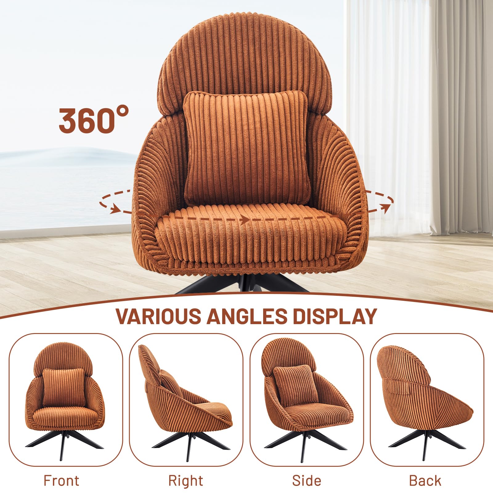 Furniliving Large Swivel Accent Chair - Modern Upholstered Armchair with Pillow & Headrest - Comfy Corduroy Living Room, Bedroom & Office Chair - Perfect for Relaxing, Reading & Working - Orange