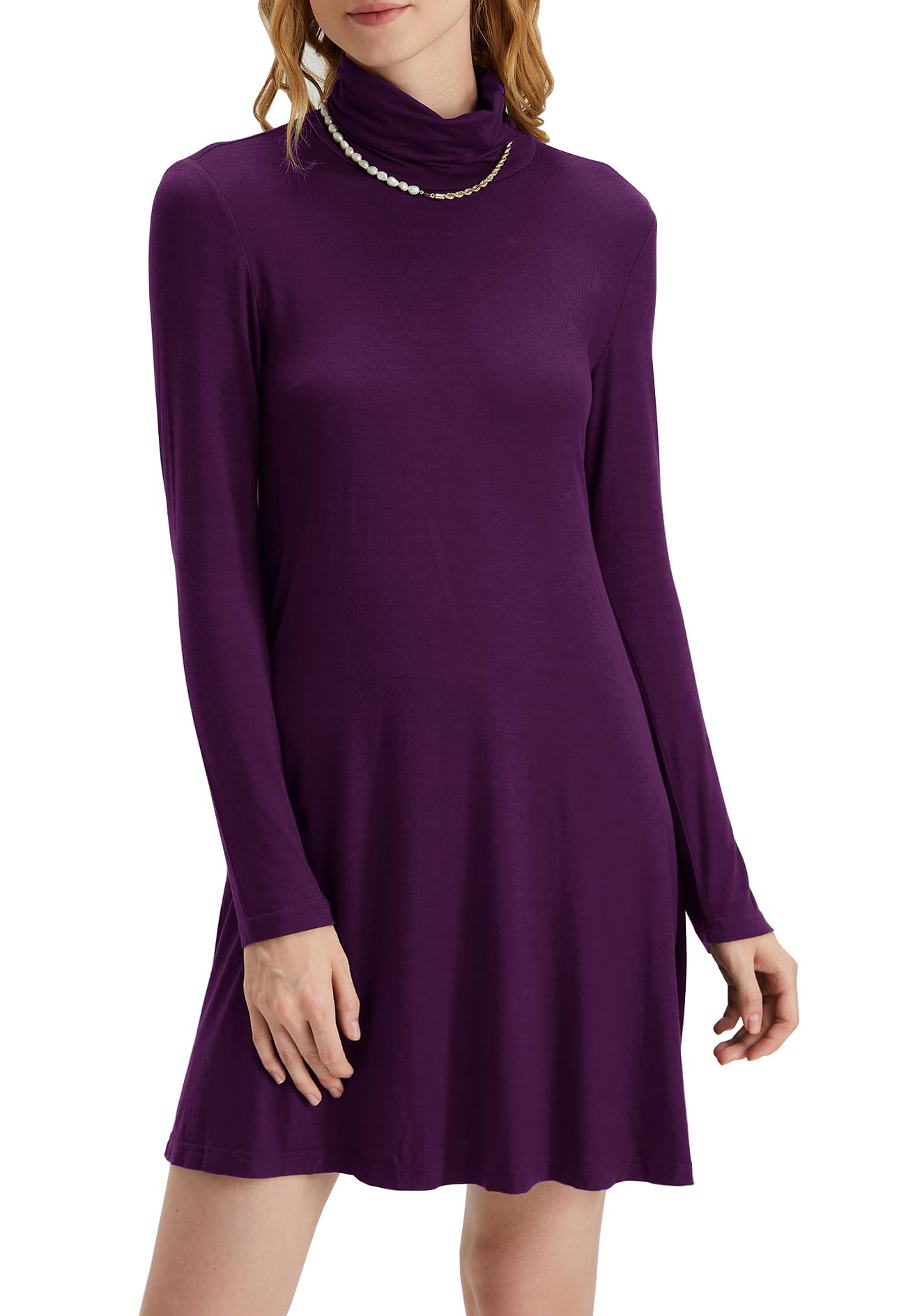 Women's Long Sleeve Turtleneck Casual Loose T-Shirt Dress - Comfortable Stretchy Knit Top for Everyday Wear, Work Office & Fall Winter Outfits