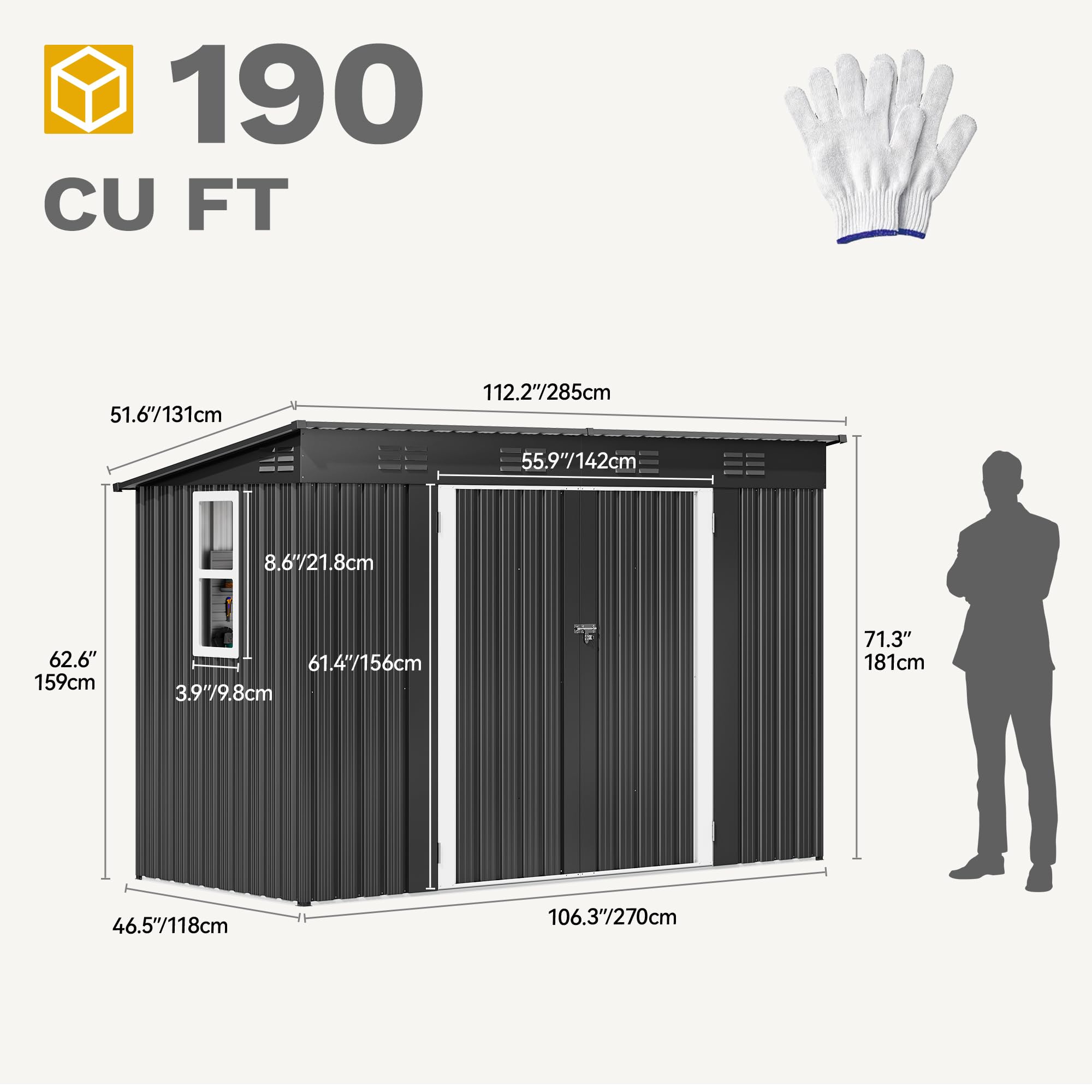DWVO 9.1x4.2ft Large Outdoor Storage Shed with Window & Lockable Doors - Heavy-Duty Steel Garden Shed with Sloped Roof for Patio, Garage, Backyard, Lawn & Yard Organization (Dark Gray) - Perfect for Storing Tools, Equipment & Seasonal Items