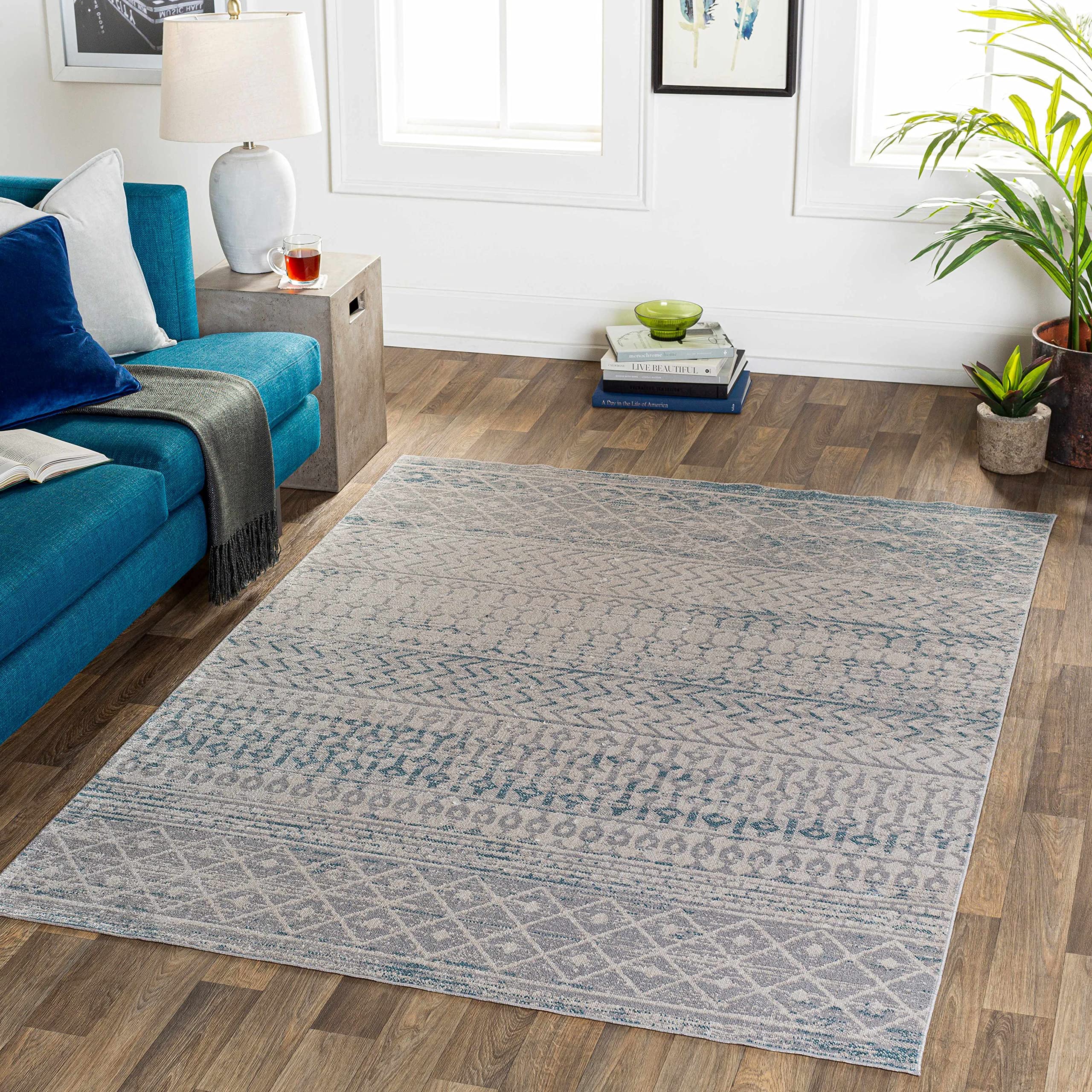 Machine Washable Area Rug for Living Room & Bedroom - Blue & Gray Modern Design - 9'3