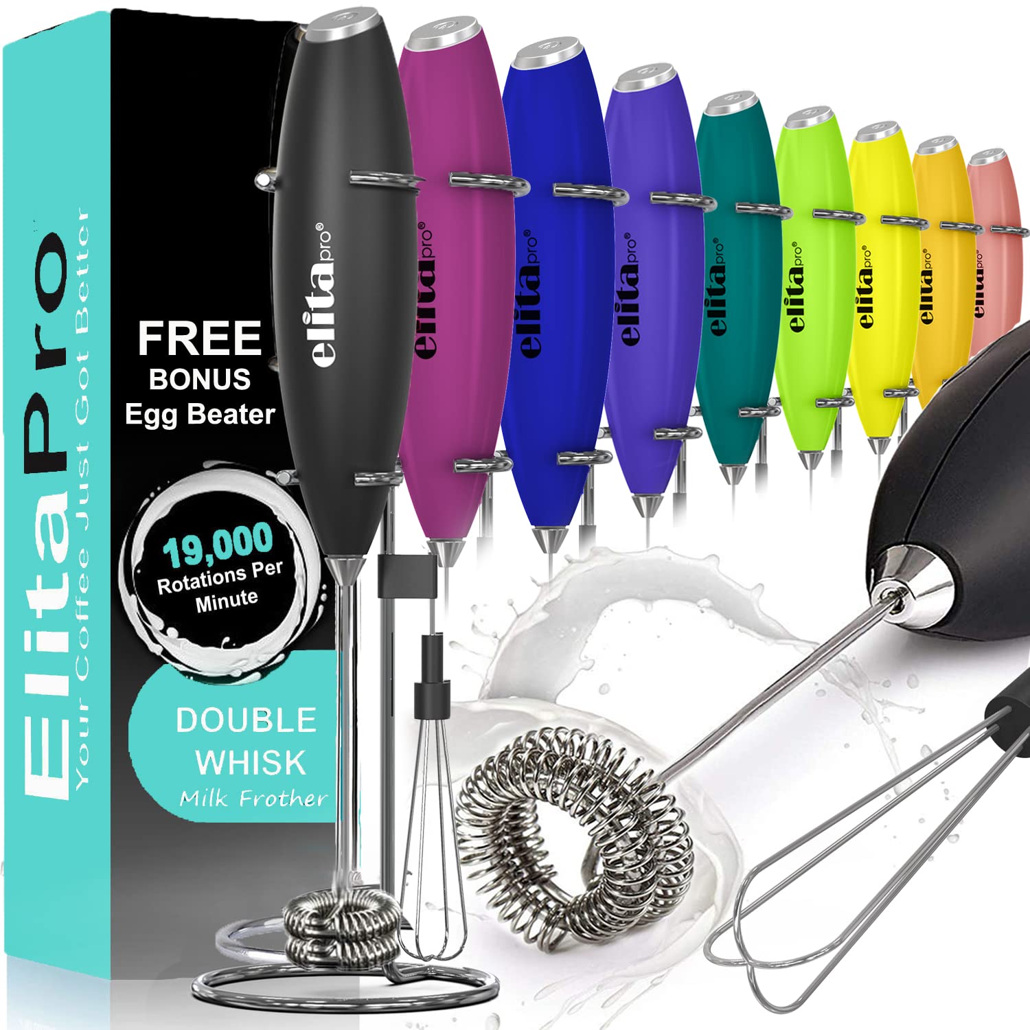 ElitaPro Double Whisk Milk Frother Handheld with Detachable Egg Beater - 300W Powerful Motor, Quiet Operation, Stainless Steel Mixer for Coffee, Hot Chocolate, Matcha & Baking - Perfect for Home Baristas & Kitchen Enthusiasts