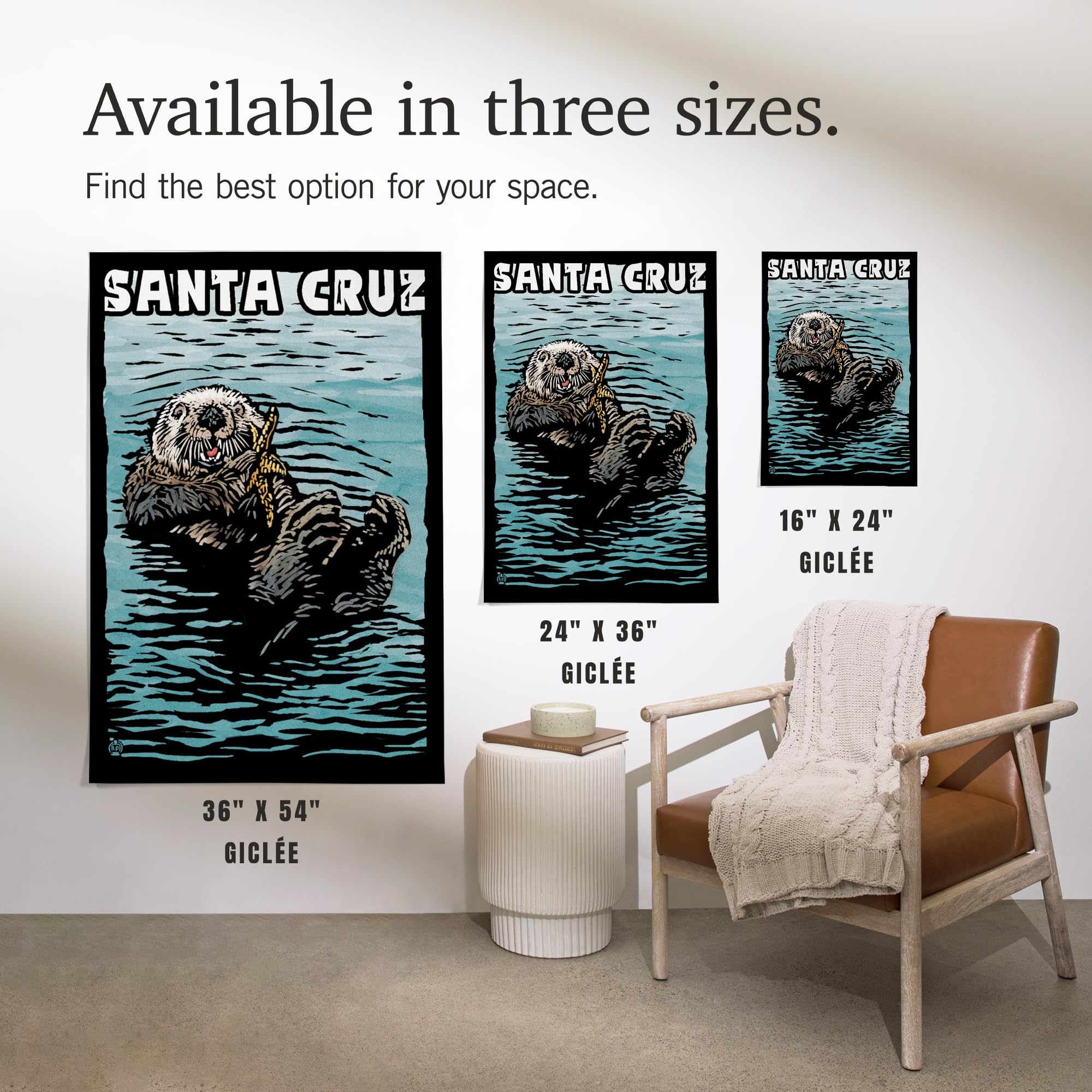 Lantern Press 16x24 Inch Giclee Art Print - Santa Cruz California Coastal Scene with Sea Otter Scratchboard Artwork | Perfect for Beach House Decor, Living Room Wall Art & Coastal Theme Interior Design