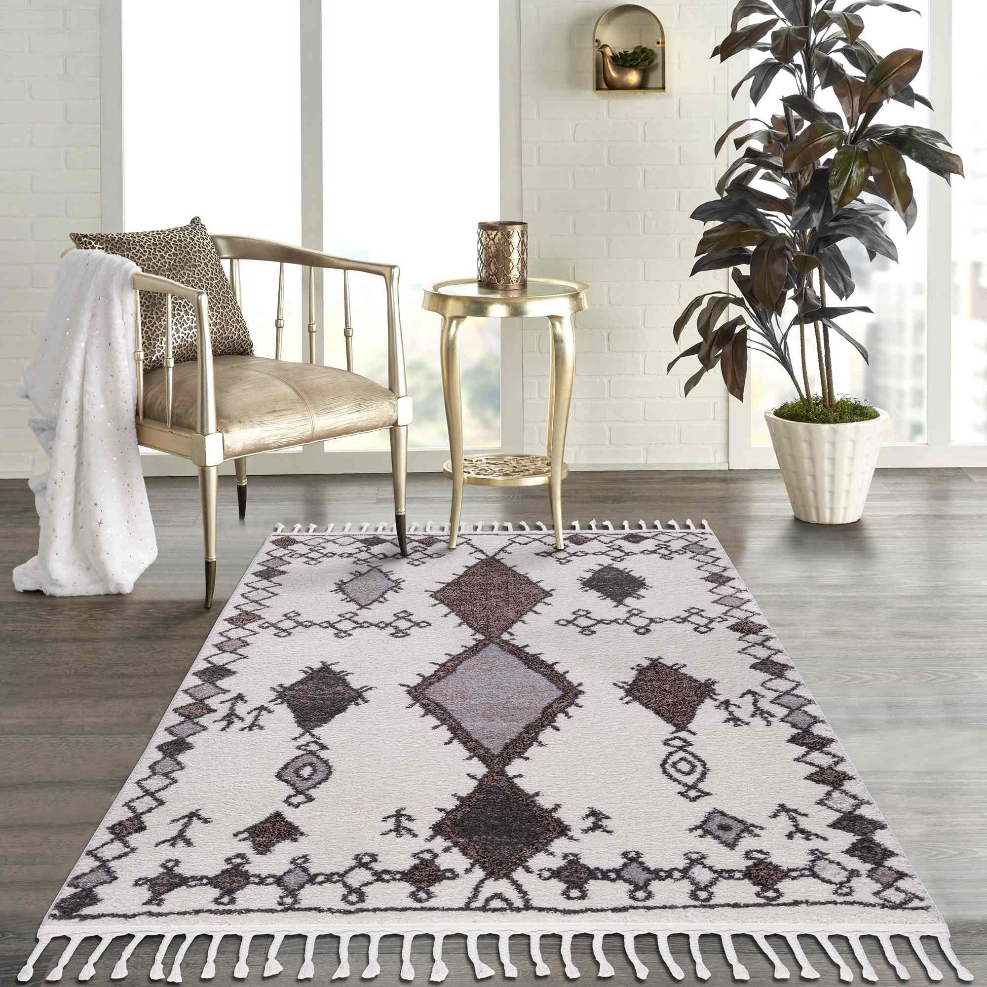 Bohemian Moroccan Area Rugs - Southwestern Tribal Design with Navajo Ivory, Grey & Mocha Black Colors - Perfect for Living Room, Bedroom or Boho Home Decor