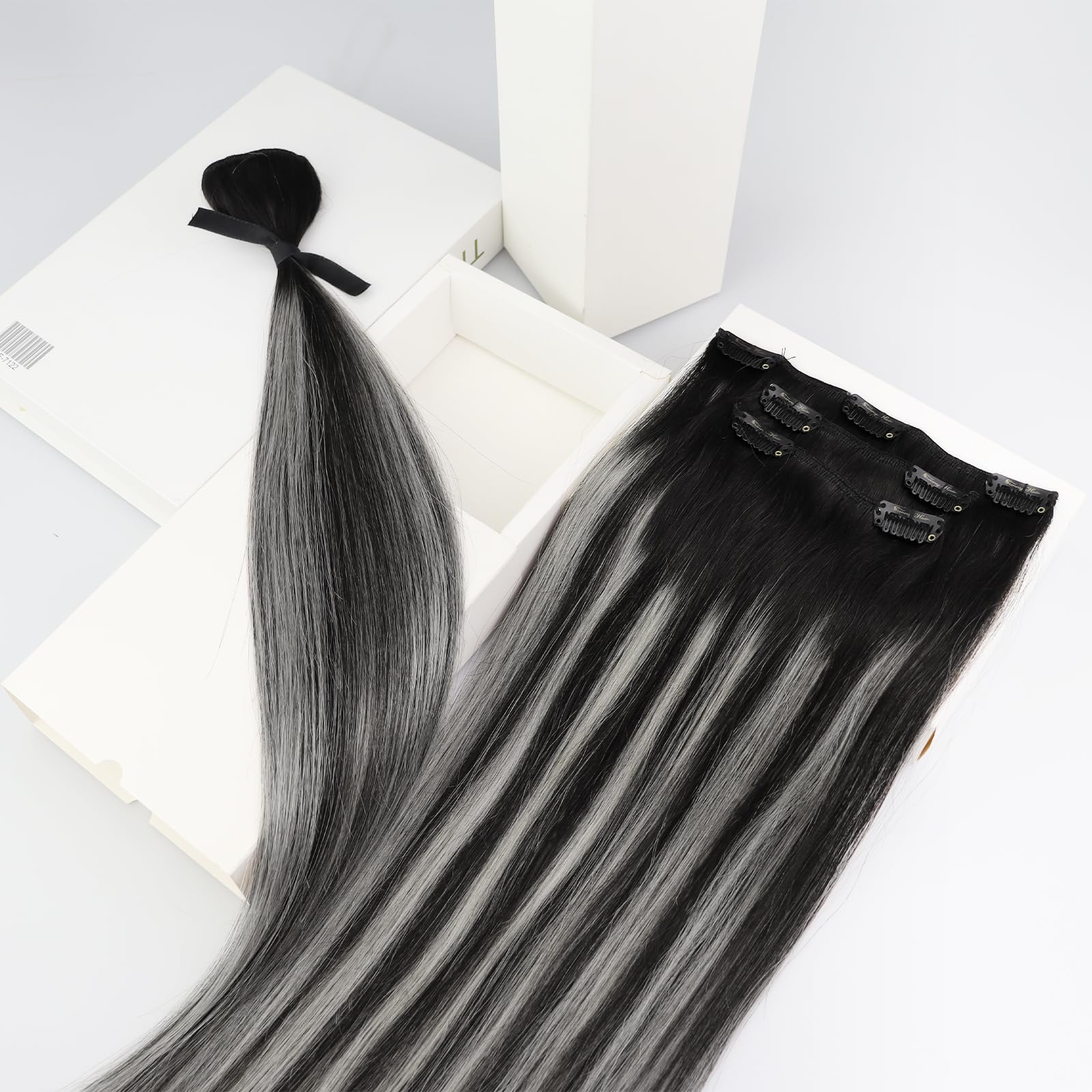 Ve Sunny 7pcs 120g 22inch Clip-in Human Hair Extensions - Natural Black Ombre Silver Blonde Remy Real Hair - Perfect for Daily Styling, Parties & Special Occasions