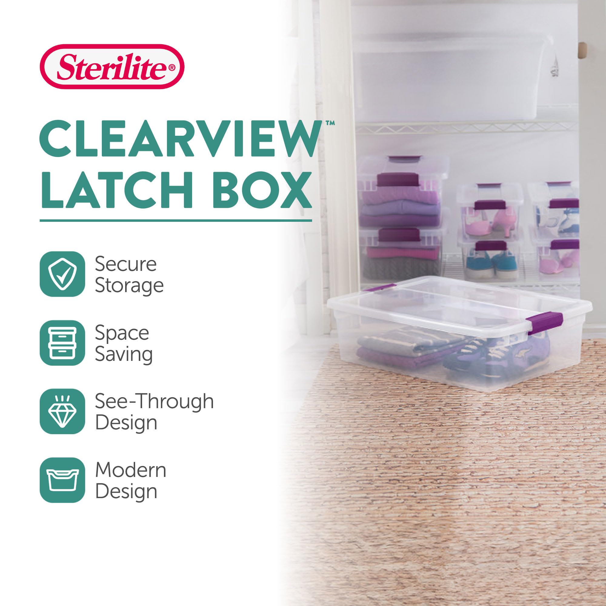 Sterilite 24-Pack ClearView Latch Storage Boxes - 32 Quart Stackable Plastic Bins with Secure Lids for Home Organization - Perfect for Closet, Garage, Toy & Holiday Decor Storage