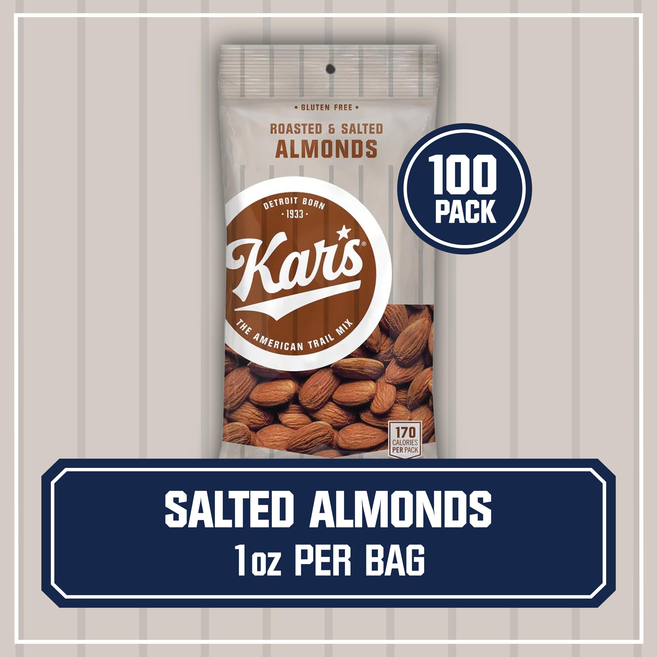 Kar's Nuts Roasted & Salted Almonds - 1oz Individual Snack Packs (100 Count) | Gluten-Free, Healthy Snacks for Office, School & Travel | Bulk Almonds for Parties, Hiking & On-the-Go Nutrition