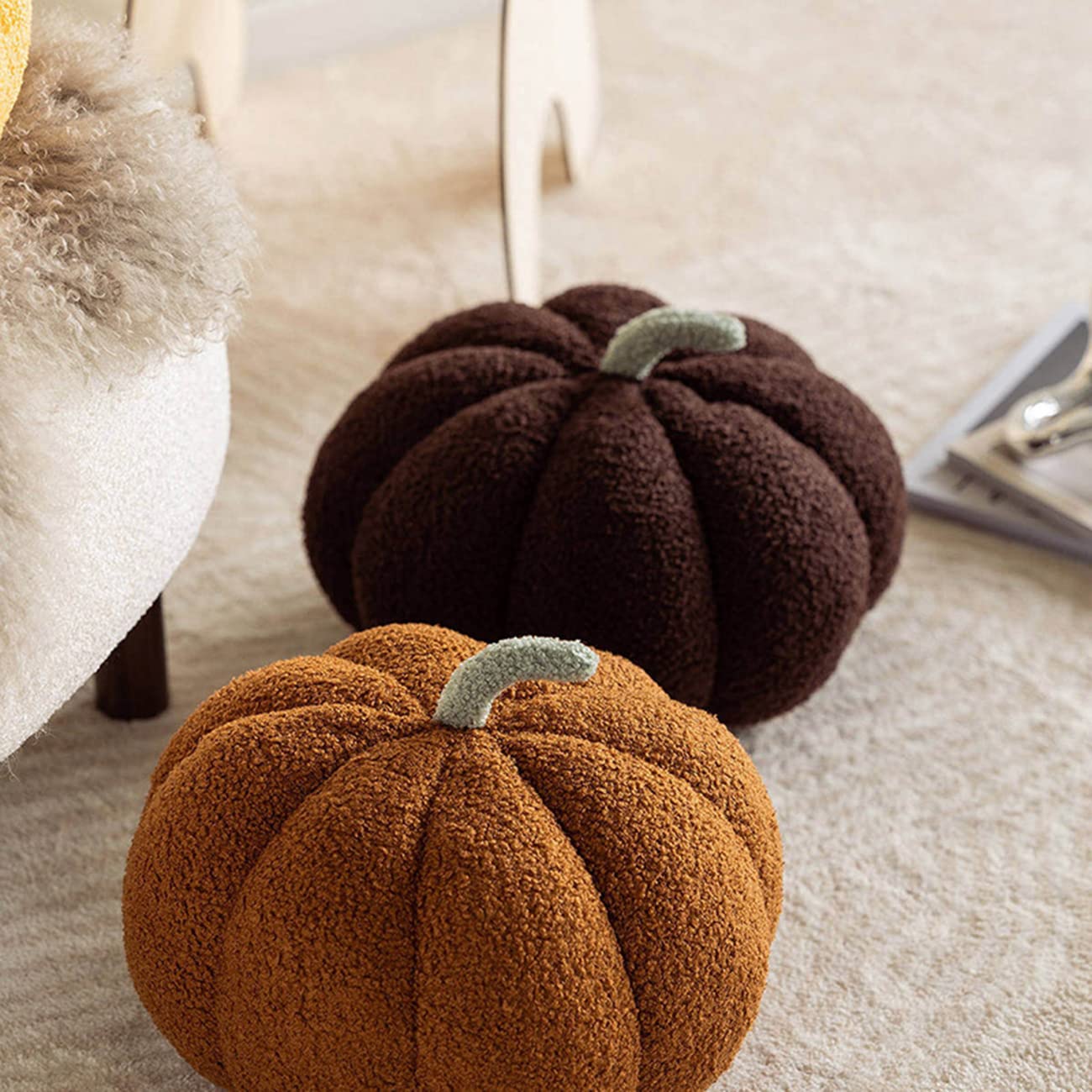 3D Pumpkin Sherpa Fleece Throw Pillow - Soft Plush Decorative Cushion for Bedroom, Sofa & Dorm Room Decor - Cozy Fall & Winter Home Accent (Brown, 13.8 Inch) - Perfect for Teen Girls' Room, Living Room & Seasonal Home Styling