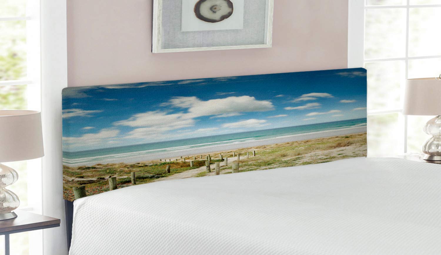 Lunarable Upholstered Beach Headboard - Boardwalk Leading to Ocean Scenery, Queen Size Blue Green Beige Memory Foam Decorative Metal Bed Headboard | Perfect for Coastal Bedroom Decor, Vacation Home & Relaxing Summer Retreat