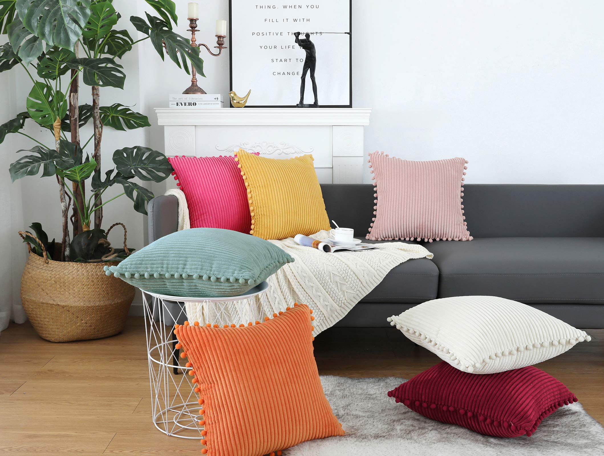Soft Striped Boho Farmhouse Decorative Throw Pillow Covers 20x20 Inch - Hot Pink with Pom Poms (Pack of 2) for Couch, Sofa, Bed, Chair & Outdoor Use - Perfect for Living Room, Bedroom & Patio Decor