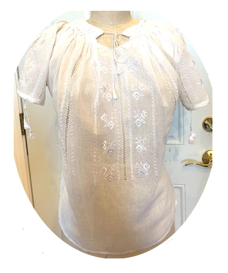 Hand Embroidered White Floral Peasant Blouse for Women - Short Sleeve Boho Top (Medium Size) | Perfect for Summer Festivals, Beach Vacations & Casual Outings