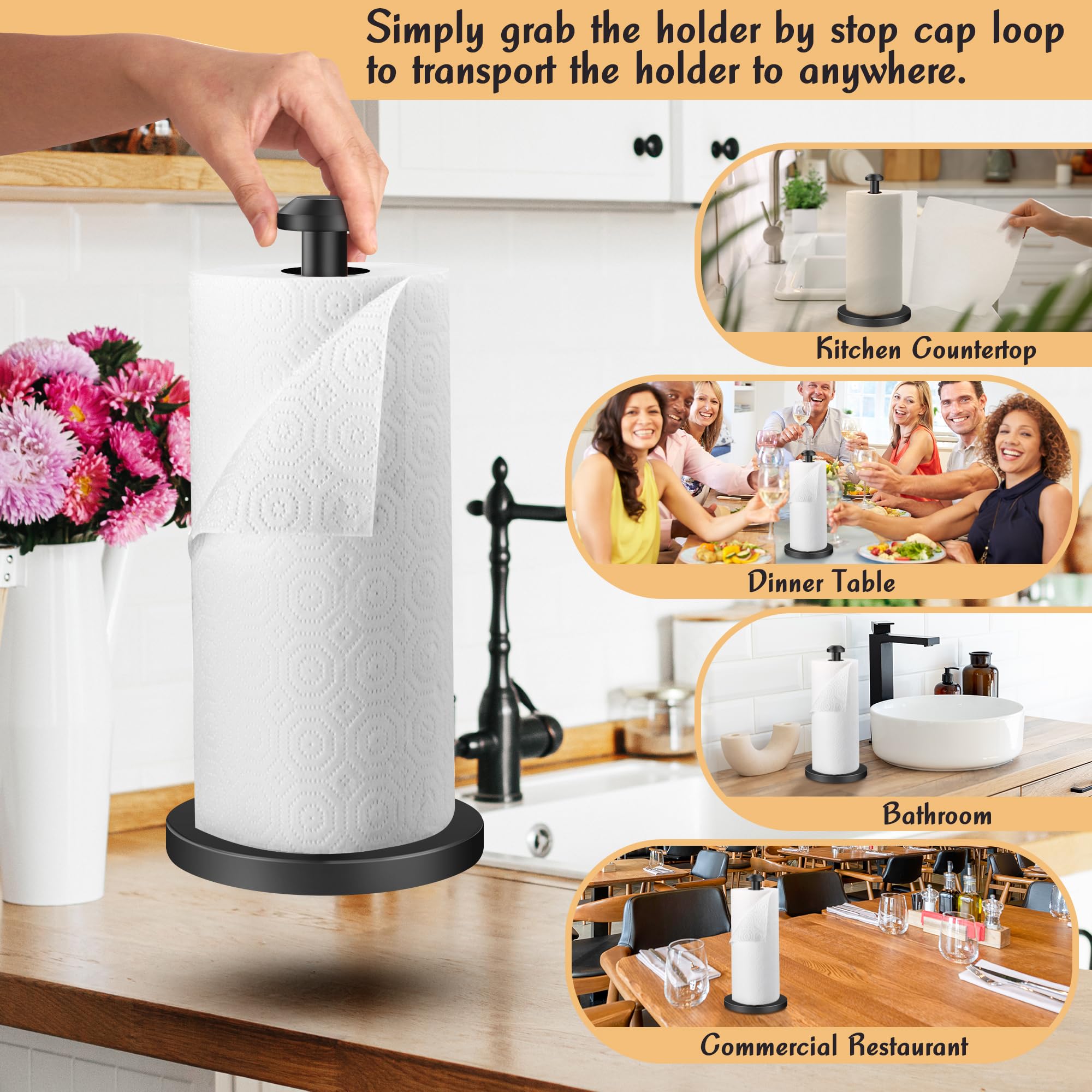 AOSION 2 Pack Stainless Steel Paper Towel Holder - Countertop Kitchen, Bathroom & Bedroom Organizer - Durable & Stylish Black Towel Stand for Home & Office Use