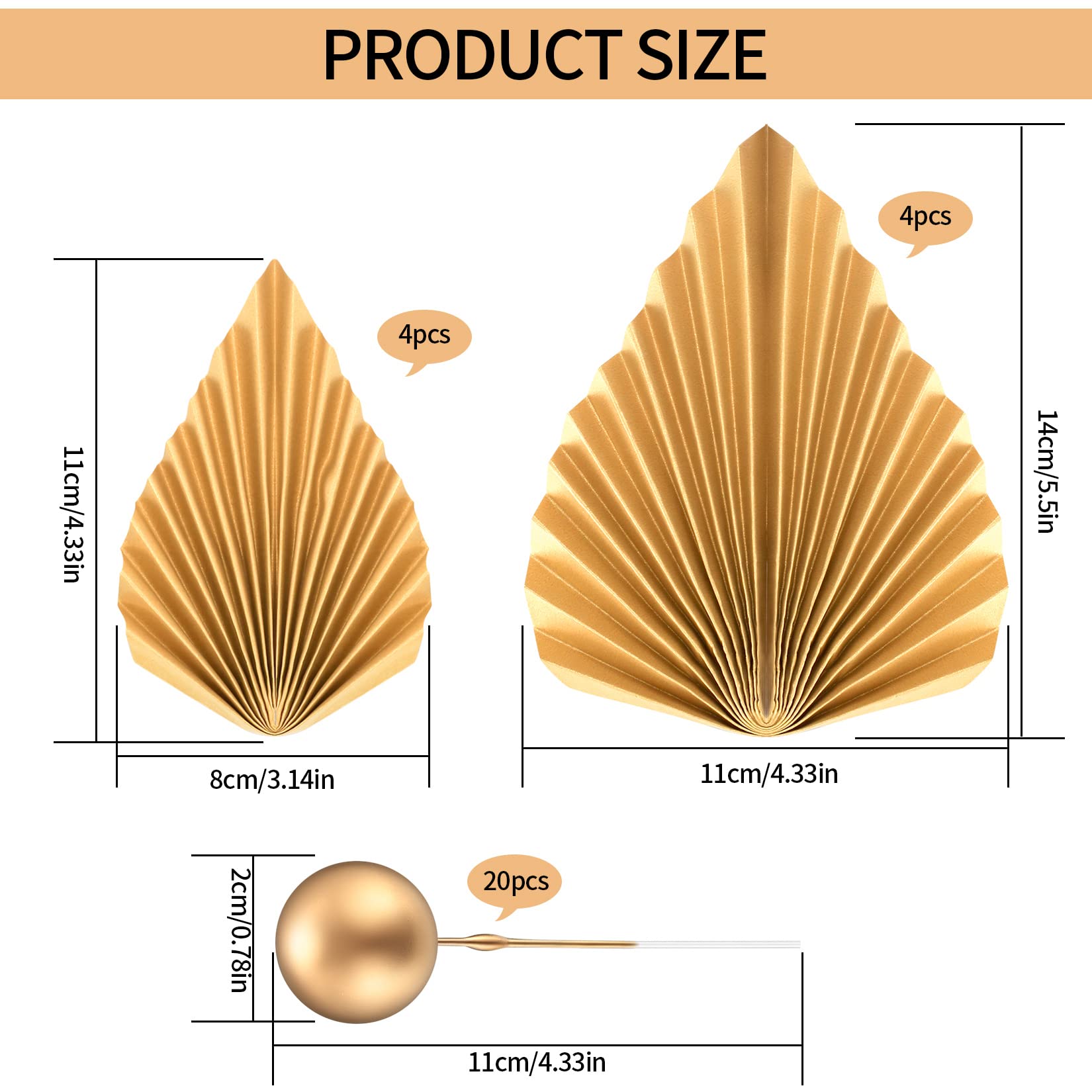 28 Pcs Gold Cake Topper Decorations Set - 8 Palm Fan & 20 Round Ball Cake Inserts for Birthday, Wedding, Baby Shower - Elegant Palm Leaf Cupcake Toppers for Party, Anniversary & Special Events Decor