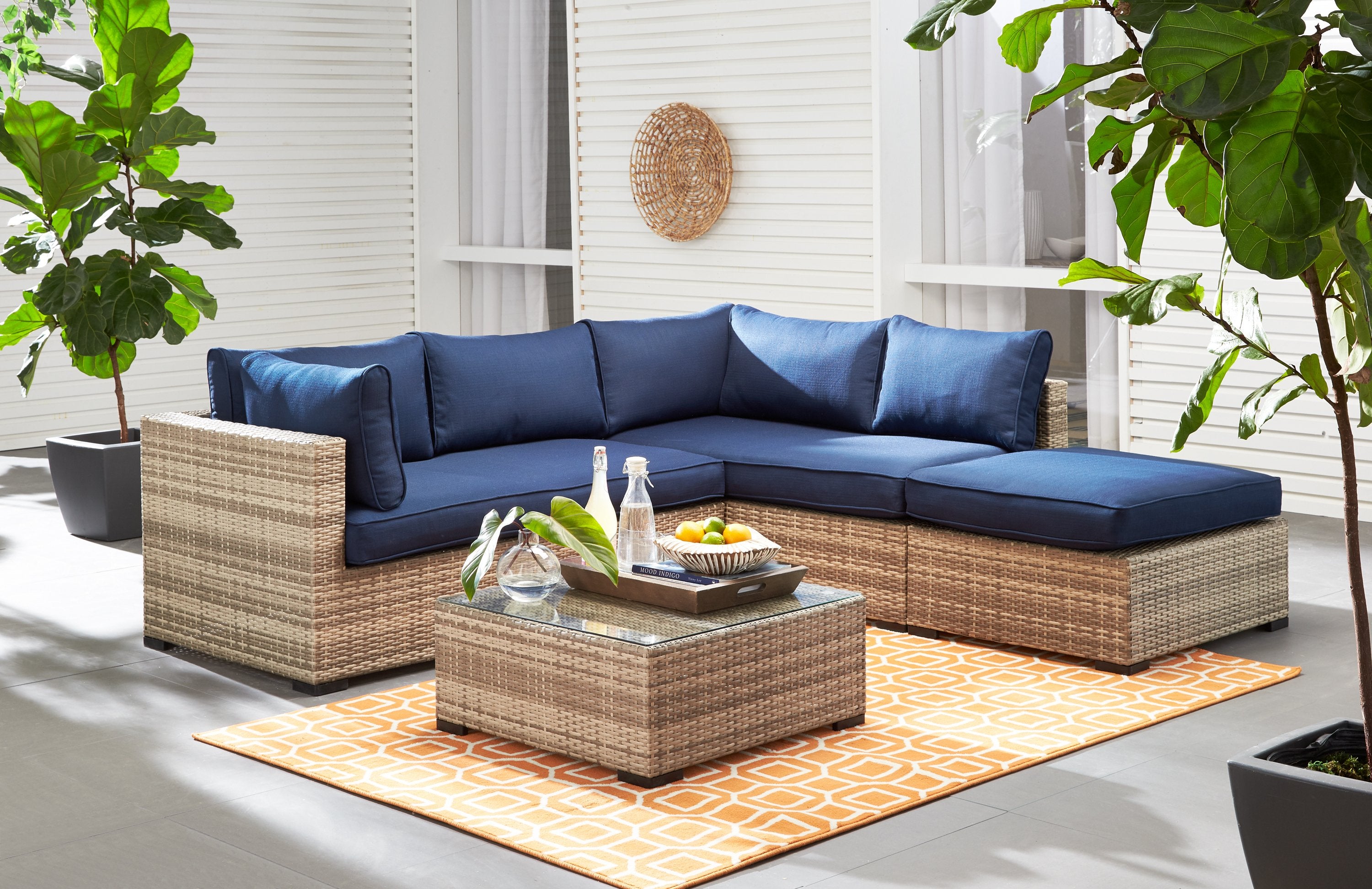 Caribe 2-Piece Outdoor Sectional Sofa Set with Ottoman in Navy Blue - Perfect for Patio, Poolside & Backyard Relaxation