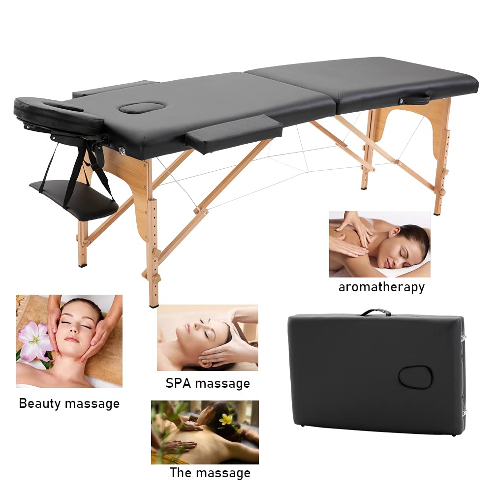 Portable Massage Table - Adjustable 2-Fold PVC Leather Spa Bed with Beech Stands & Carrying Case, 73in Salon Massage Therapy Table for Home, Clinic & Professional Use (Black) - Perfect for Massage Therapists, Chiropractors & Spa Treatments
