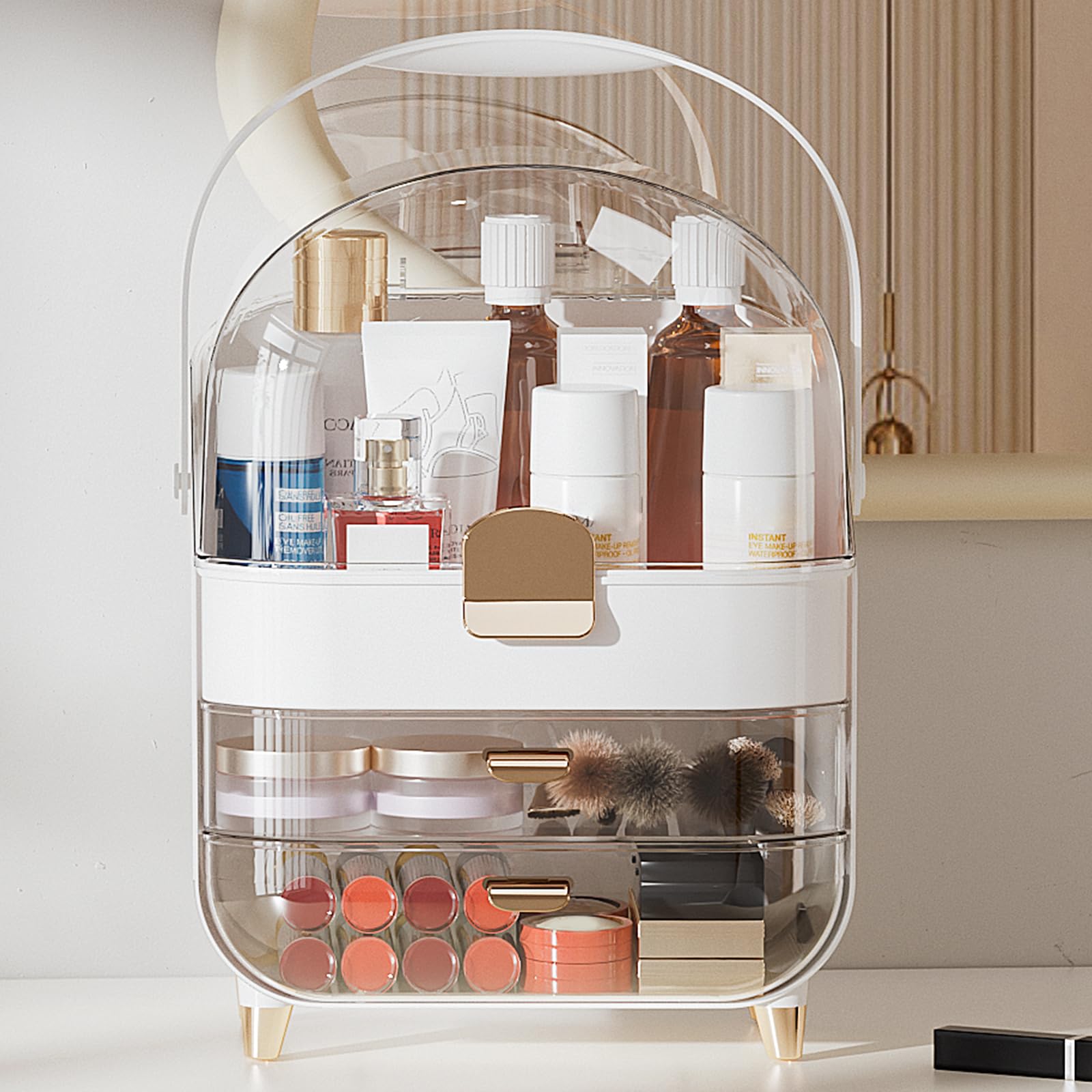 Delamu Large Makeup Organizer with Lid & Drawers - Vanity & Bathroom Counter Storage for Cosmetics, Skincare & Perfumes - White Cosmetic Display Case for Dresser, Countertop & Beauty Station Organization