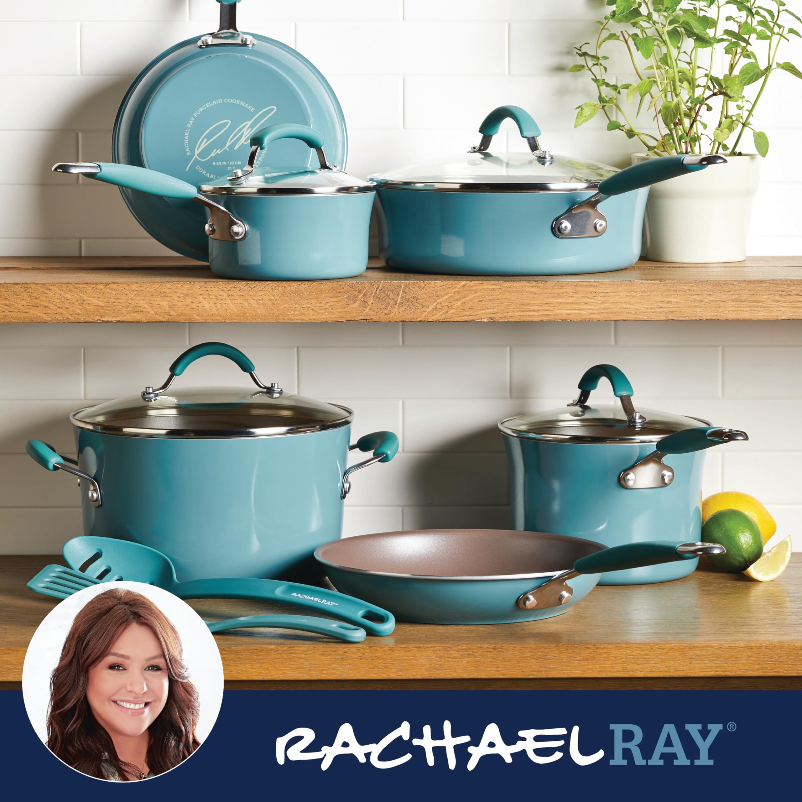 Rachael Ray Cucina Nonstick Cookware Set - 12-Piece Pots and Pans in Agave Blue | Durable Kitchen Essentials for Baking, Frying & Everyday Cooking