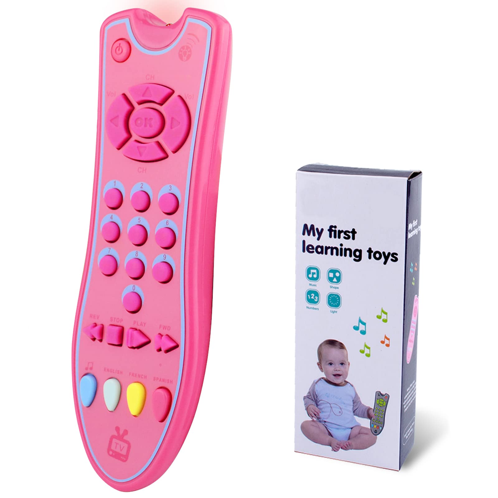 APSUAE Realistic Baby TV Remote Control Toy with Sound & Light - Multilingual Learning Educational Toy in English, Spanish & French - Fun Musical Gift for Toddlers, Girls & Boys (Pink) - Perfect for Early Learning, Role Play & Interactive Playtime