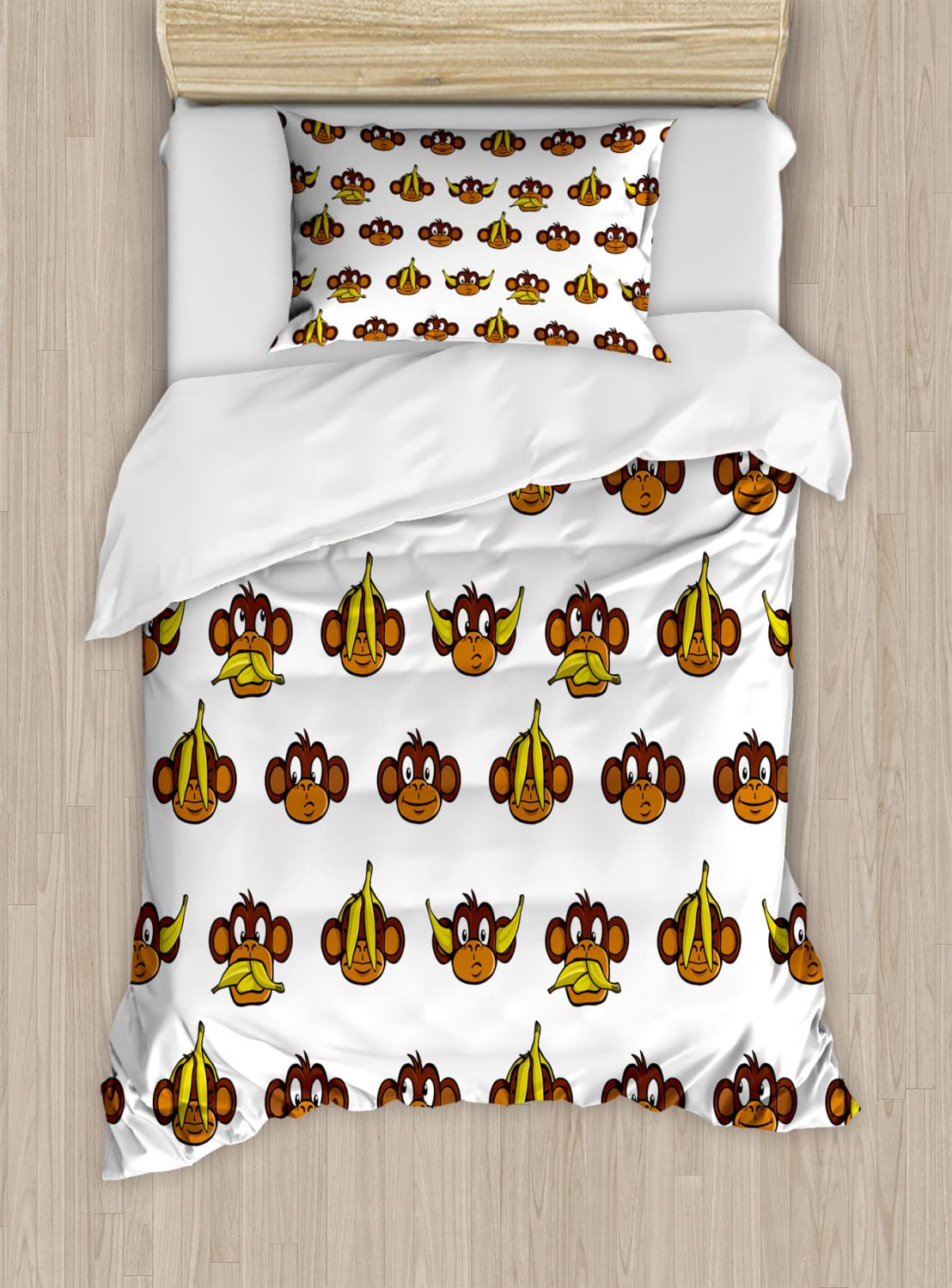 Funny Monkeys with Bananas Cartoon Duvet Cover Set - 2 Pack Queen Size Brown Pale Brown Yellow | Ambesonne Animal Comedy Bedding Set with 2 Duvet Covers & 4 Pillowcases | Perfect for Kids' Rooms, Jungle Themed Bedrooms & Playful Home Decor