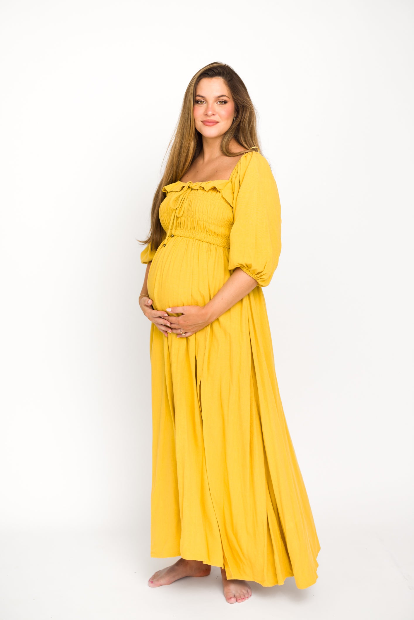 Devon Smocked Maternity Maxi Dress in Mustard Yellow - Bump Friendly Flowy Summer Dress for Pregnancy, Beach Vacations & Special Occasions