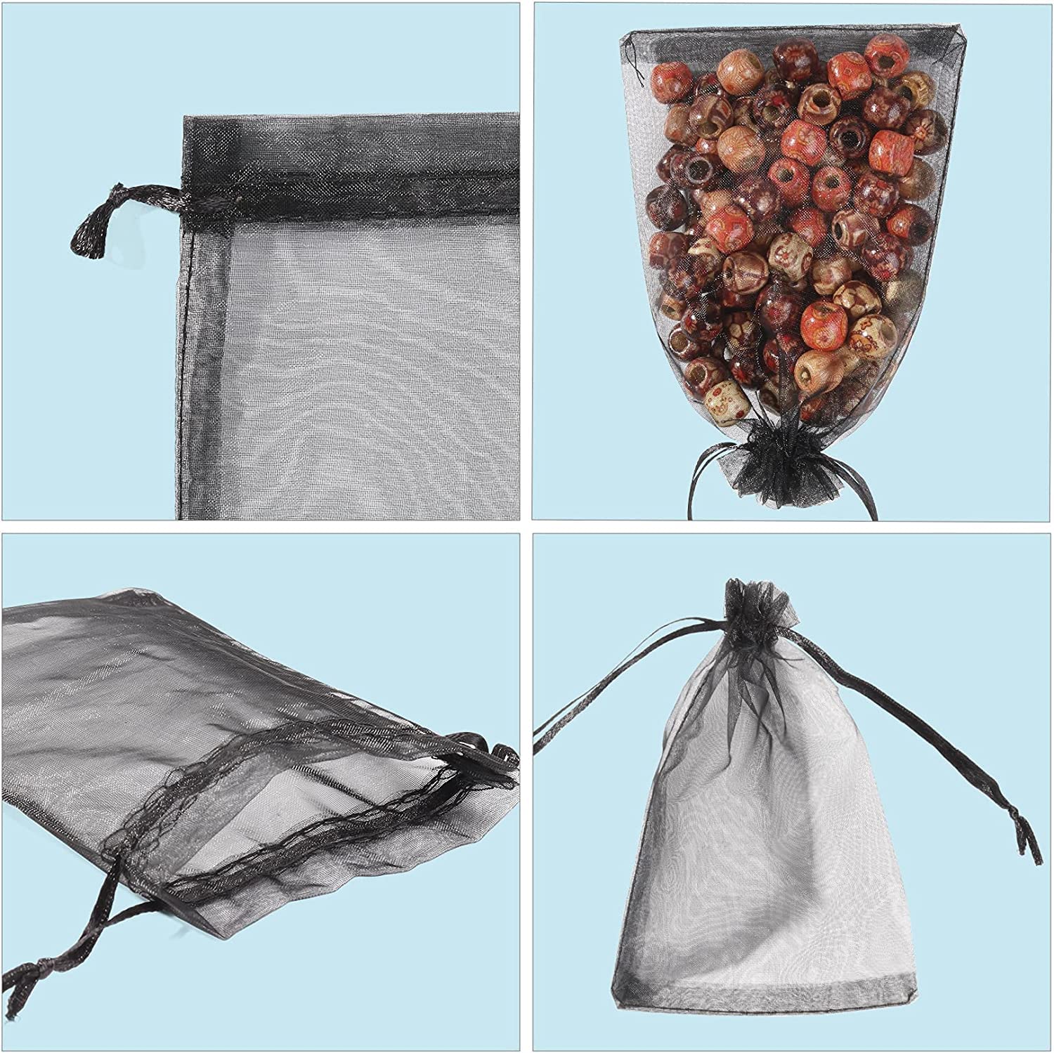 ANZNKU 100 Pack 5x7 Inch Premium Black Organza Drawstring Bags - Sheer Mesh Gift Favor Bags for Wedding, Party Favors, Jewelry Packaging & Small Gift Wrapping