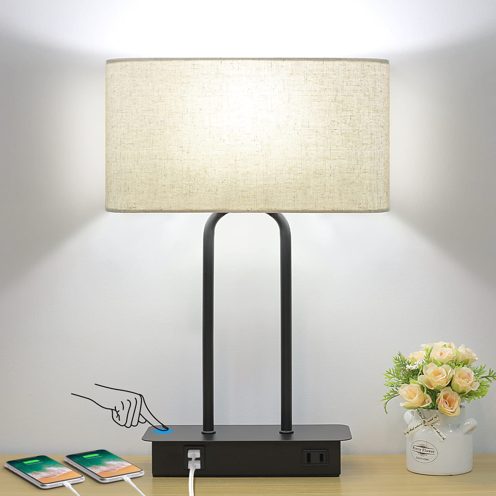 Modern Bedside Table Lamp with Touch Control, Dual USB Ports & AC Outlet - 3-Way Dimmable Nightstand Light with Cream Fabric Shade, 5000K LED Bulb - Perfect for Bedroom, Living Room, Office & Reading Nook