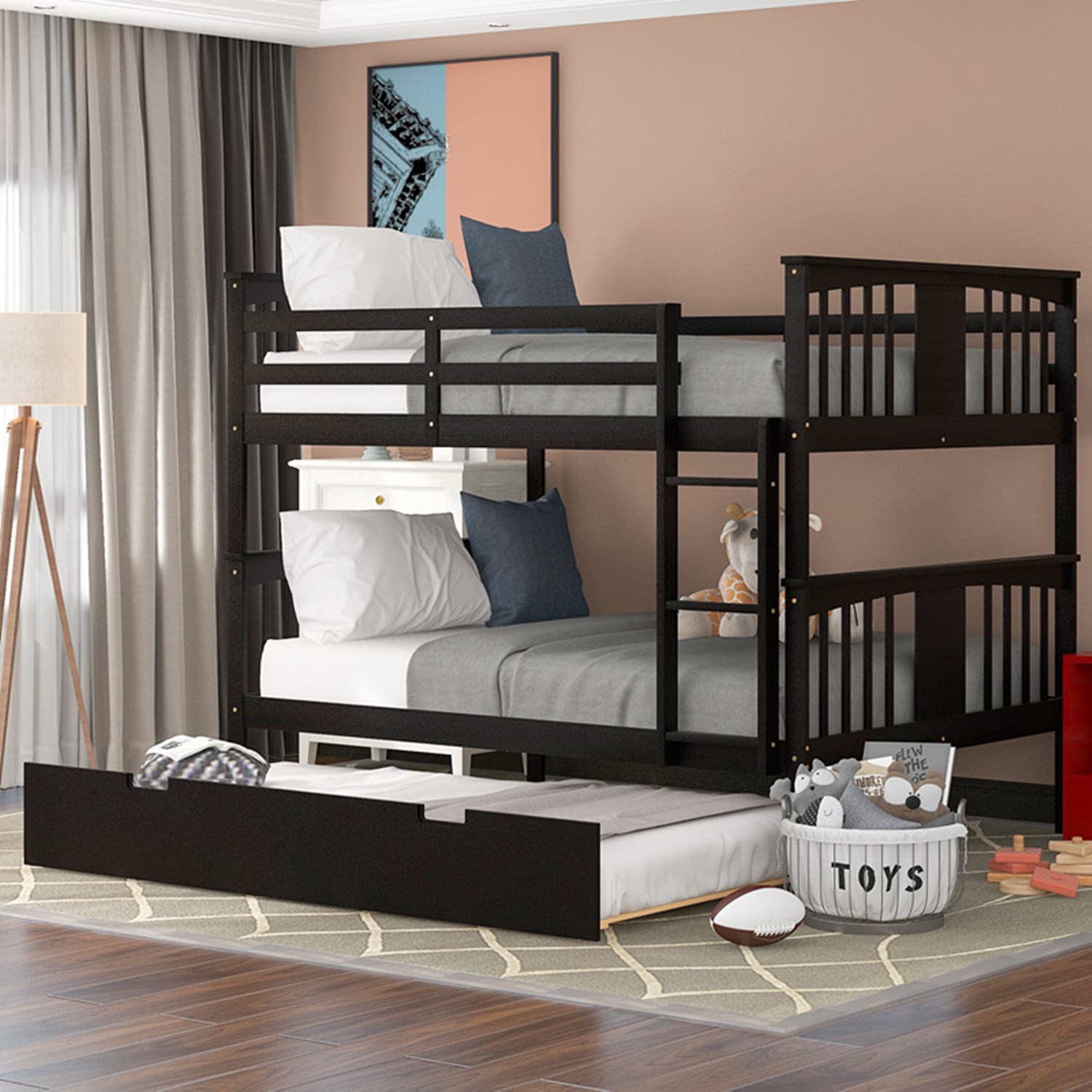 Solid Wood Full-Over-Full Bunk Bed with Twin Trundle - Sturdy Kids Bunk Bed Frame with Safety Guardrail & Ladder - Space-Saving Bunk Bed for Boys & Girls - Espresso Finish - Perfect for Small Bedrooms, Guest Rooms & Kids' Shared Spaces