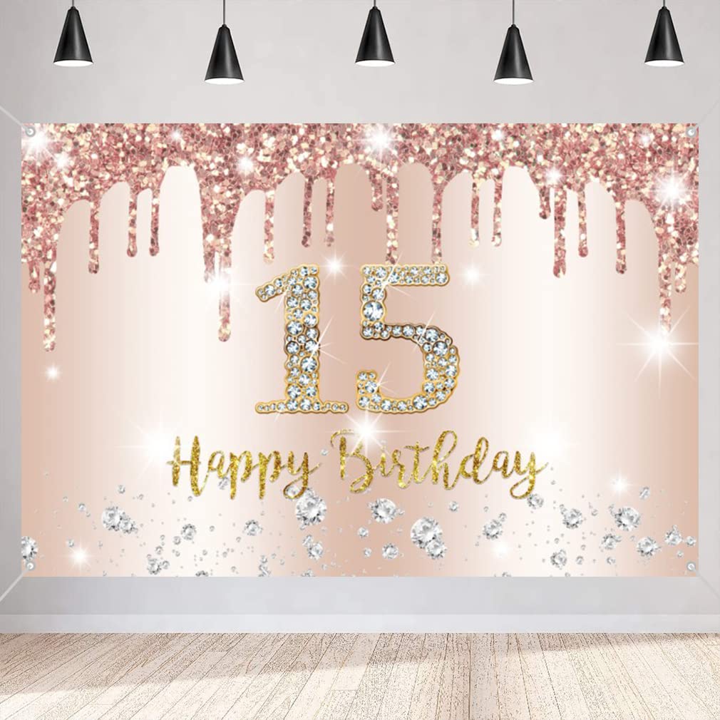15th Birthday Decorations for Girls - Rose Gold Fabric Backdrop Banner, 59