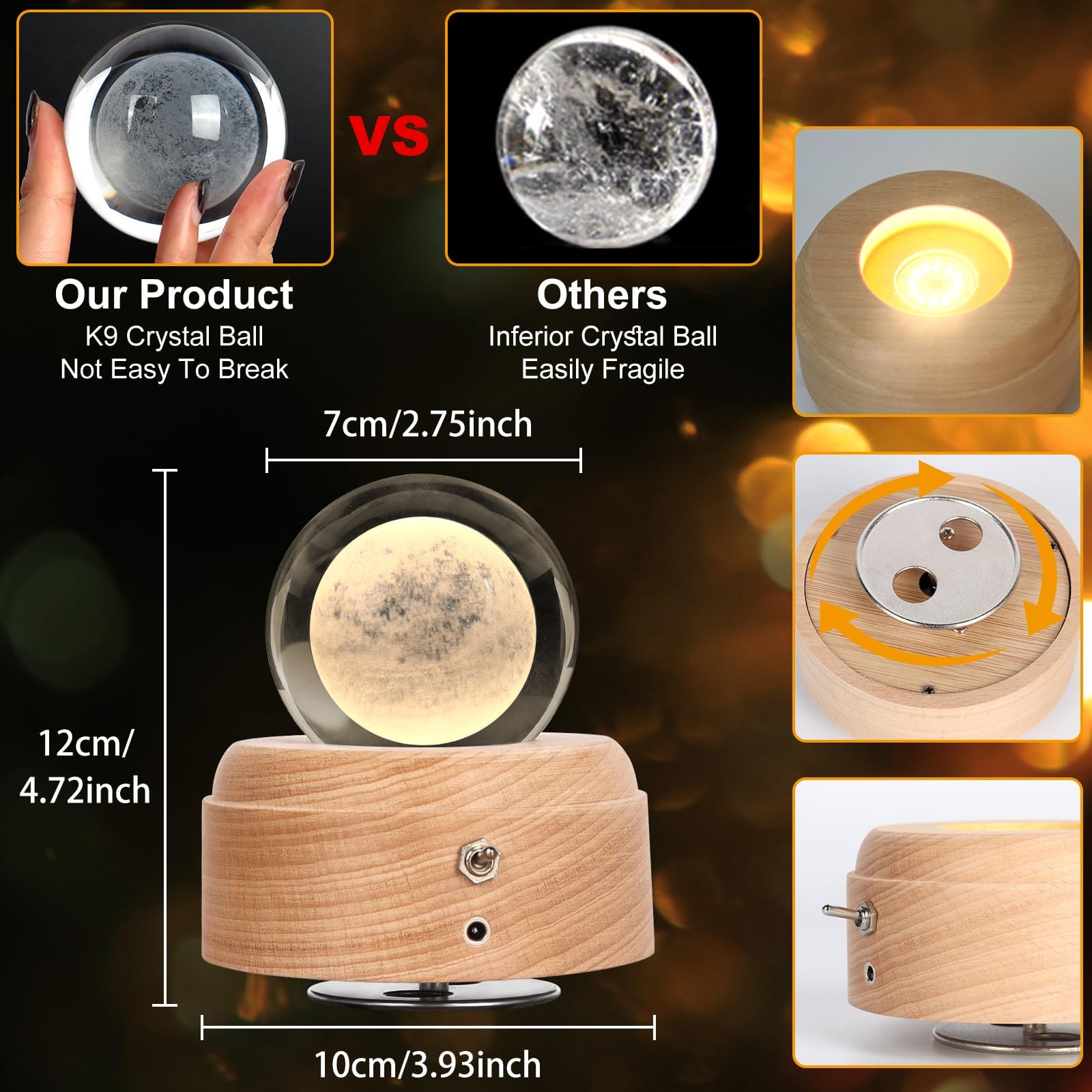 3D Crystal Ball Music Box with LED Light Projection - Luminous Rotating Musical Gift Box for Birthday, Christmas, Mother's Day & Thanksgiving | Perfect for Home Decor, Romantic Proposals & Special Occasion Gifts (Moon Design)