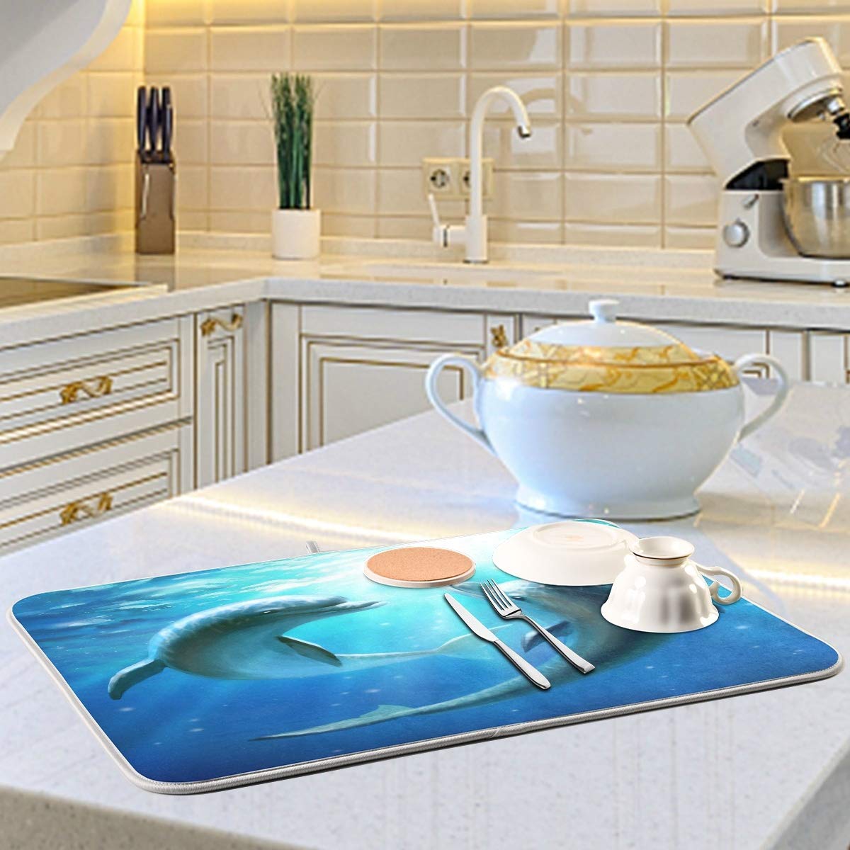 Blue Ocean Nautical Theme Dish Drying Mat 16x18 - Dolphins Underwater Design, Absorbent & Fast Dry Kitchen Accessories for Dishes, Perfect for Summer Beach House or Coastal Themed Kitchens