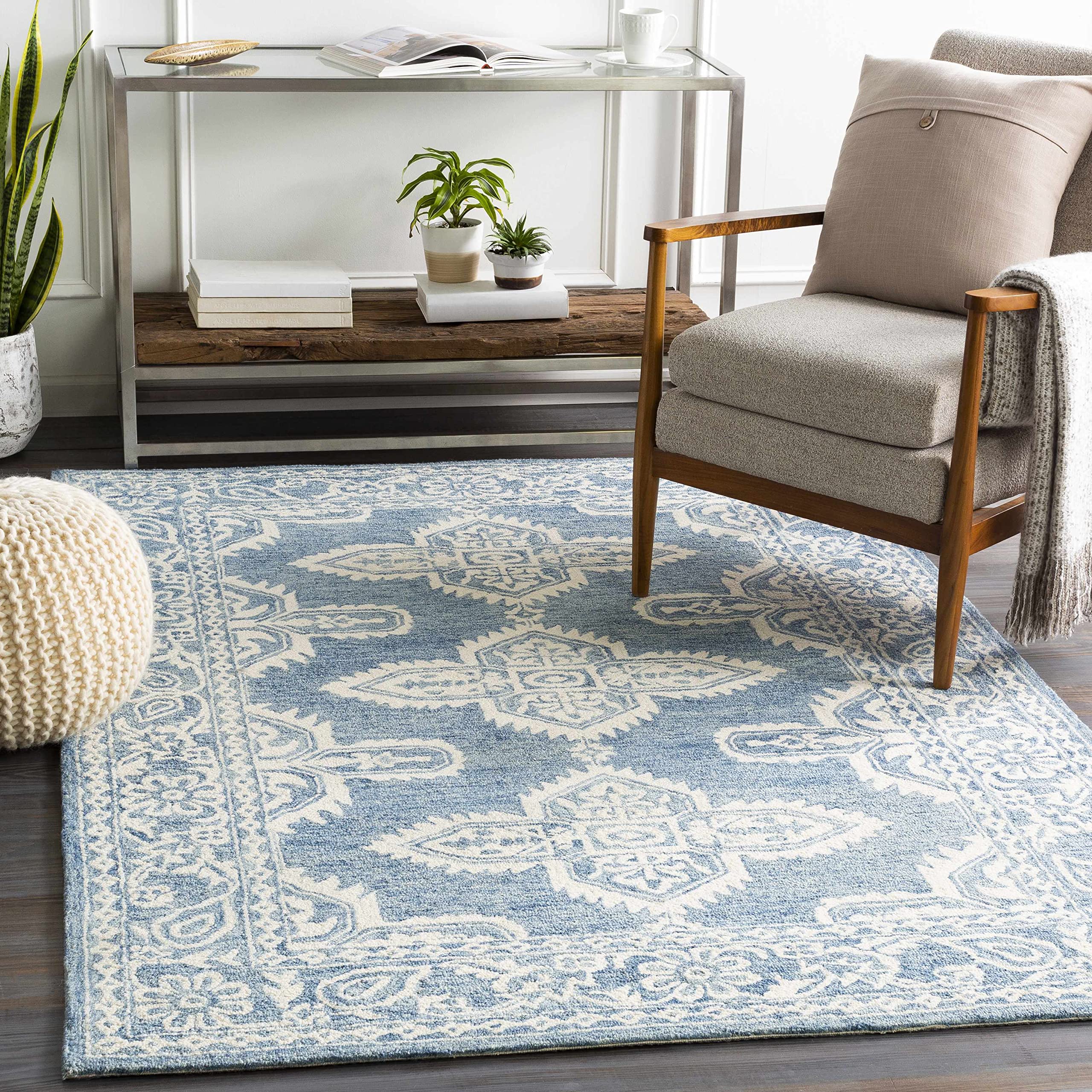 Hauteloom Passaic Wool Area Rug 9' x 12' - Bohemian Global Design in Blue & Beige - Soft Living Room Rug, Bedroom Carpet for Cozy Home Decor - Perfect for Family Rooms, Dorm Spaces & Bohemian Style Interiors