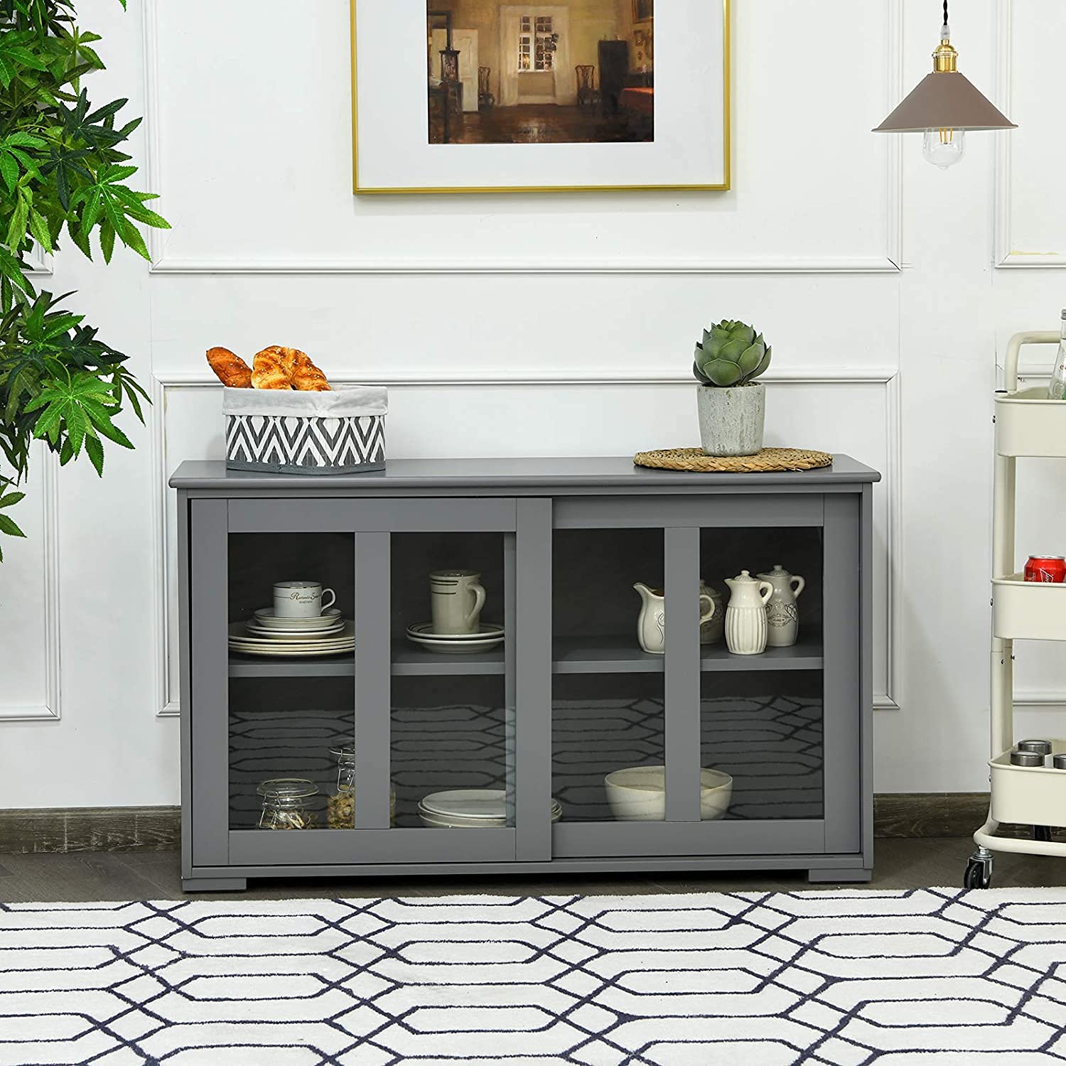 Grey Wooden Sideboard Buffet Cabinet with Adjustable Shelf & Glass Sliding Doors - Stackable Cupboard Storage Table, Coffee Bar Credenza for Kitchen, Dining Room, Living Room & Entryway - Perfect for Home Organization & Entertaining Guests