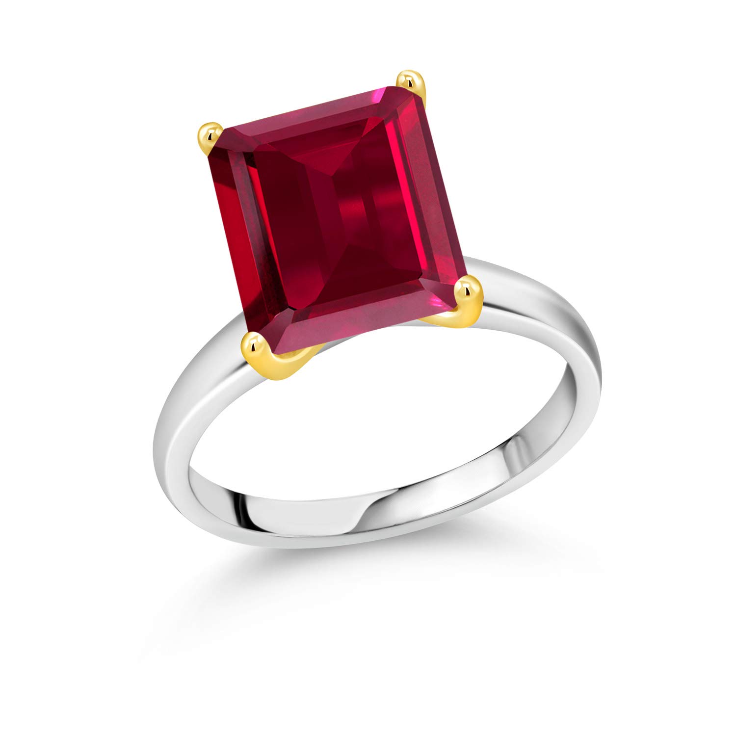 5.70 Ct Genuine Created Ruby Sterling Silver Ring with 10K Yellow Gold Prongs - Elegant Gemstone Jewelry for Women, Perfect for Engagement, Anniversary & Special Occasions