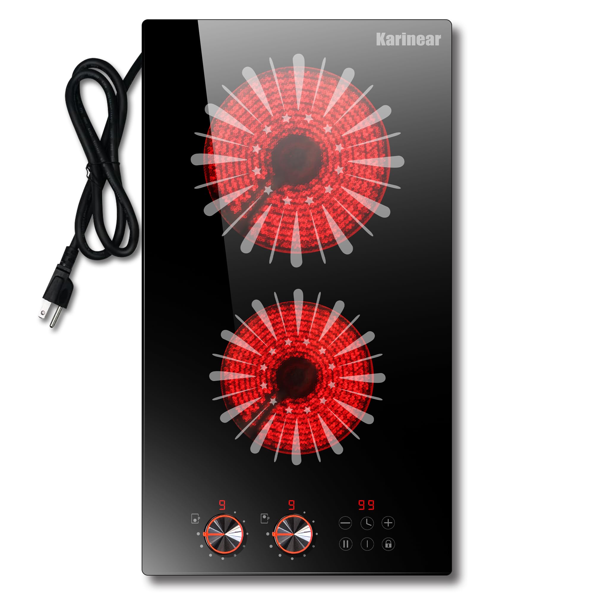 Karinear 12 Inch 110V Electric Cooktop with 2 Burners - Plug-in Countertop & Built-in Ceramic Stove Top, Knob & Touch Sensor Control, Multi-Functional Radiant Stove for Kitchen, RV, Dorm & Small Spaces