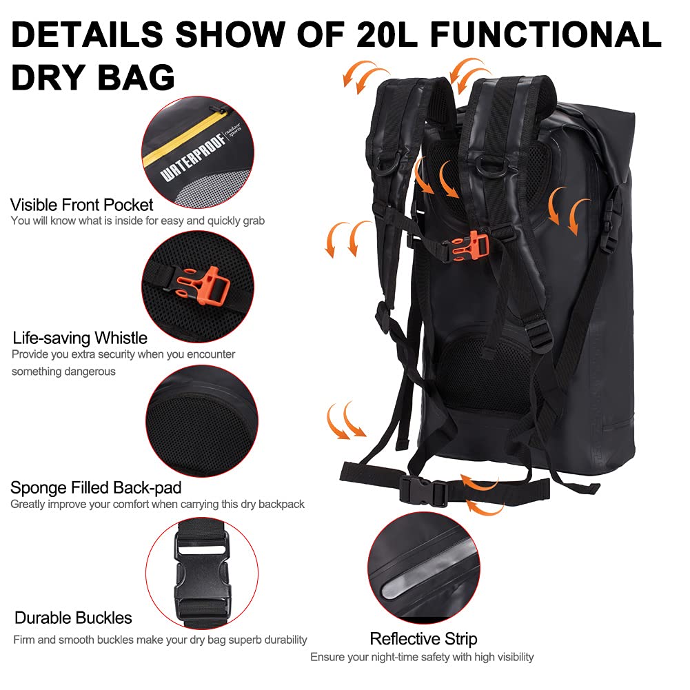 **Blueshyhall 20L Waterproof Dry Backpack - Roll Top Closure, Water Repellent Duffle Storage Sack for Kayaking, Rafting, Boating, Fishing, Camping & Beach - Black | Ideal for Outdoor Adventures & Water Sports**