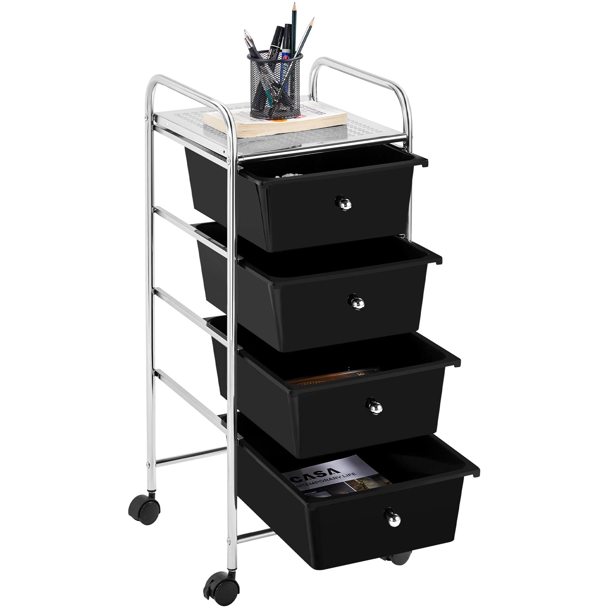 Topeakmart 4-Tier Rolling Storage Cart with Removable Drawers - Plastic Mobile Organizer Utility Cart with 360° Swivel Castor Wheels - Perfect for Craft Room, Kitchen, Office, Bathroom & Garage Storage - Black