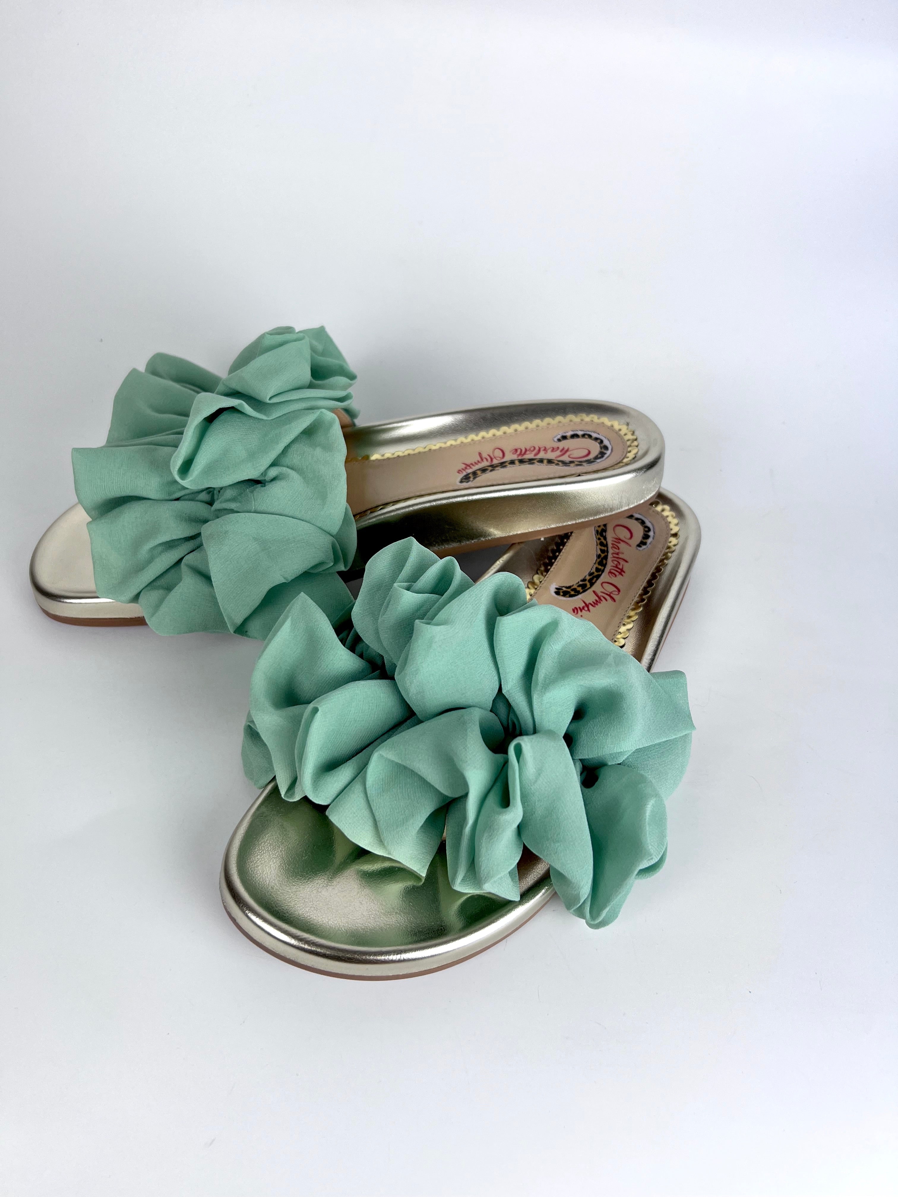 Charlotte Olympia Green Aqua Ruffle Ciabatta Sandals Size 39 - Perfect for Beach Vacations & Summer Outings
