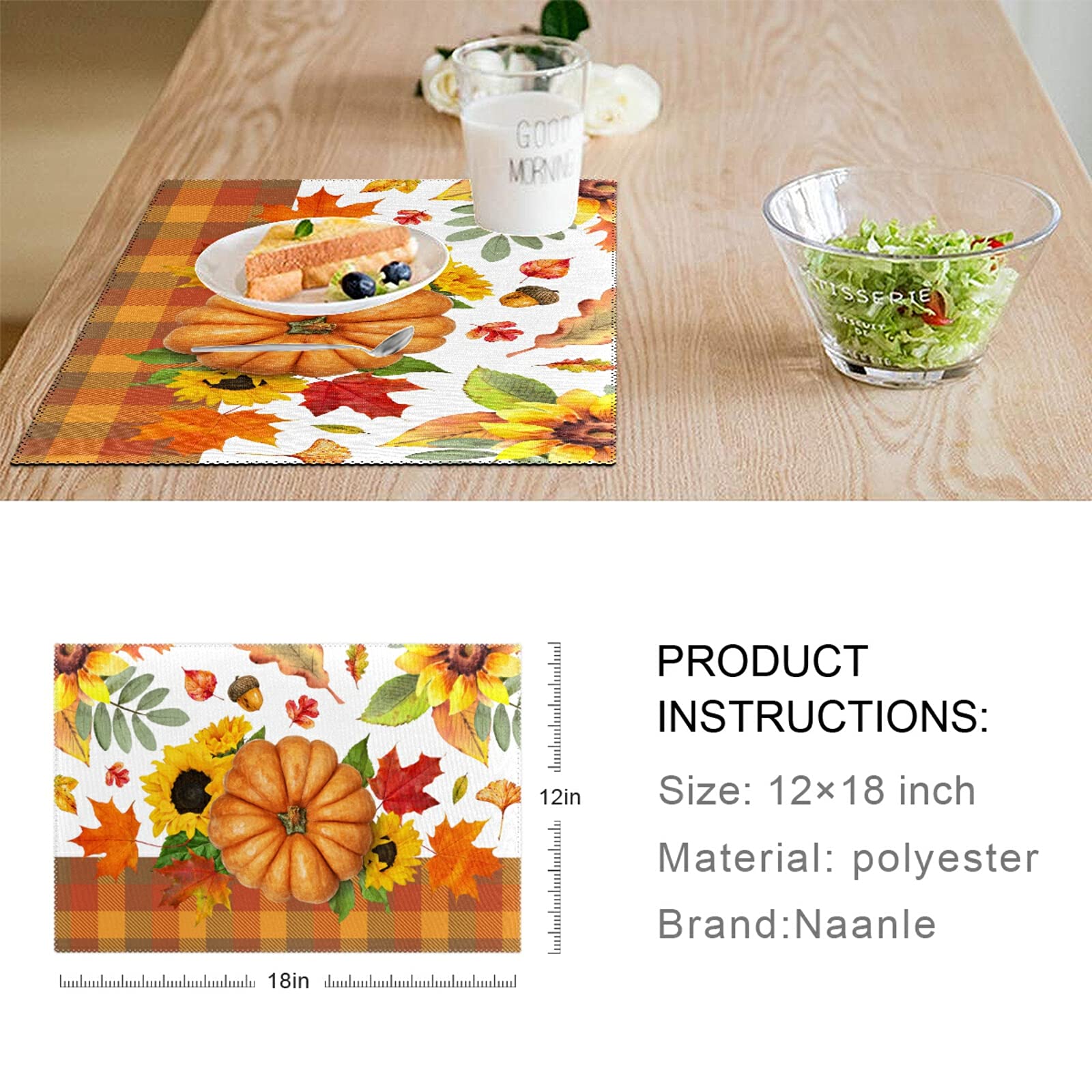 Thanksgiving Placemats Set of 6 - Plaid Sunflower Maple Pumpkin Design | Non-Slip, Heat-Resistant & Washable Table Mats | 12