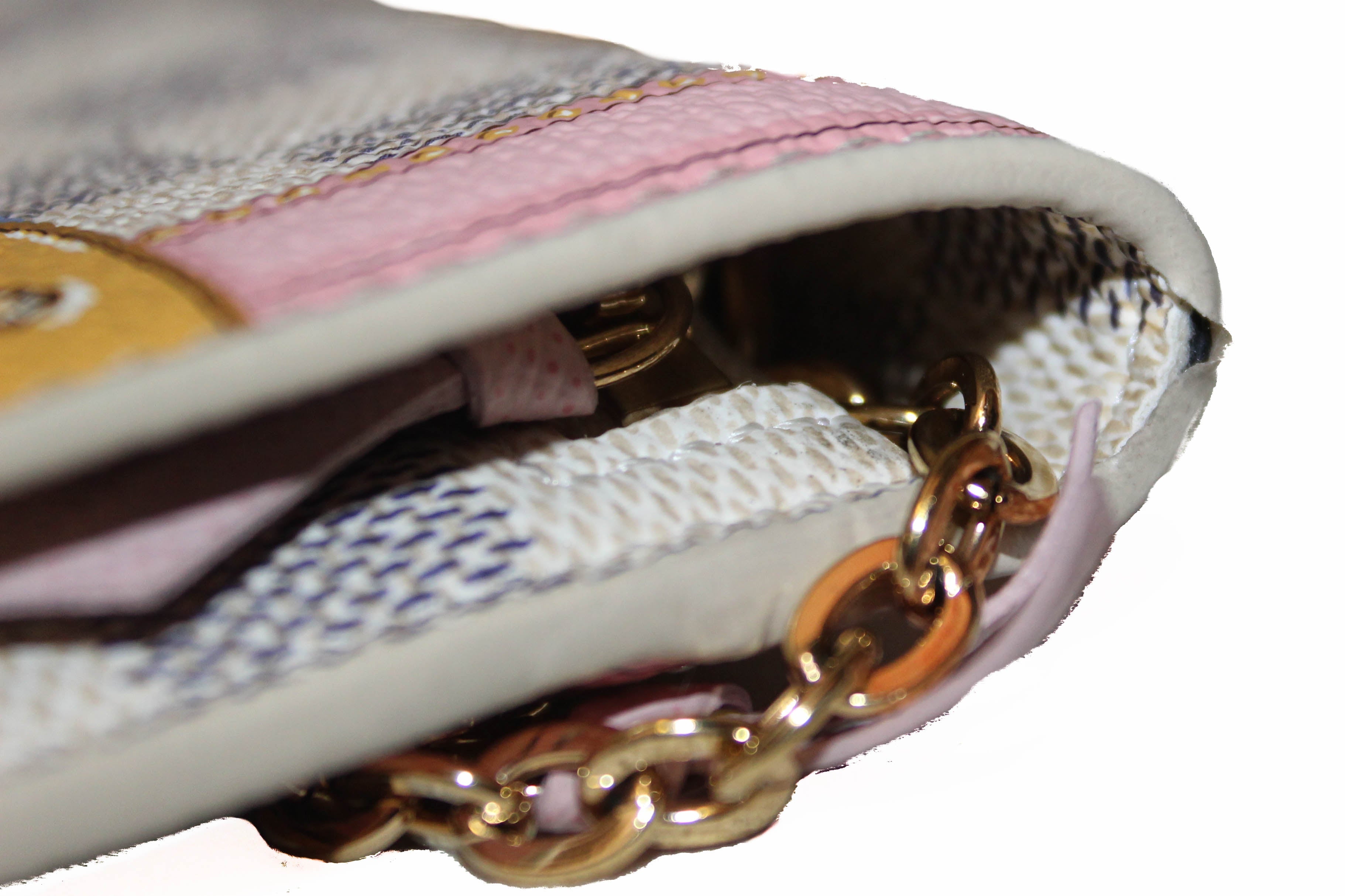 Authentic Louis Vuitton Damier Azur Canvas Weekend Pochette Shoulder Bag with Gold Chain Strap - Perfect for Travel, Date Night & Everyday Luxury Accessory