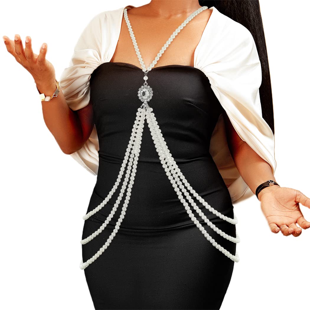 ELABEST White Pearl Body Chain for Women - Layered Crystal Cross Jewelry with Pearls - Perfect for Beach Parties, Bridal Showers & Boho Fashion