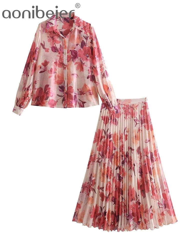 Aonibeier Women's Printed Summer Suit Set - V-Neck Casual Shirt with Pleated Maxi Skirt, Y2K Streetwear Fashion for Beach, Vacation and Daily Wear