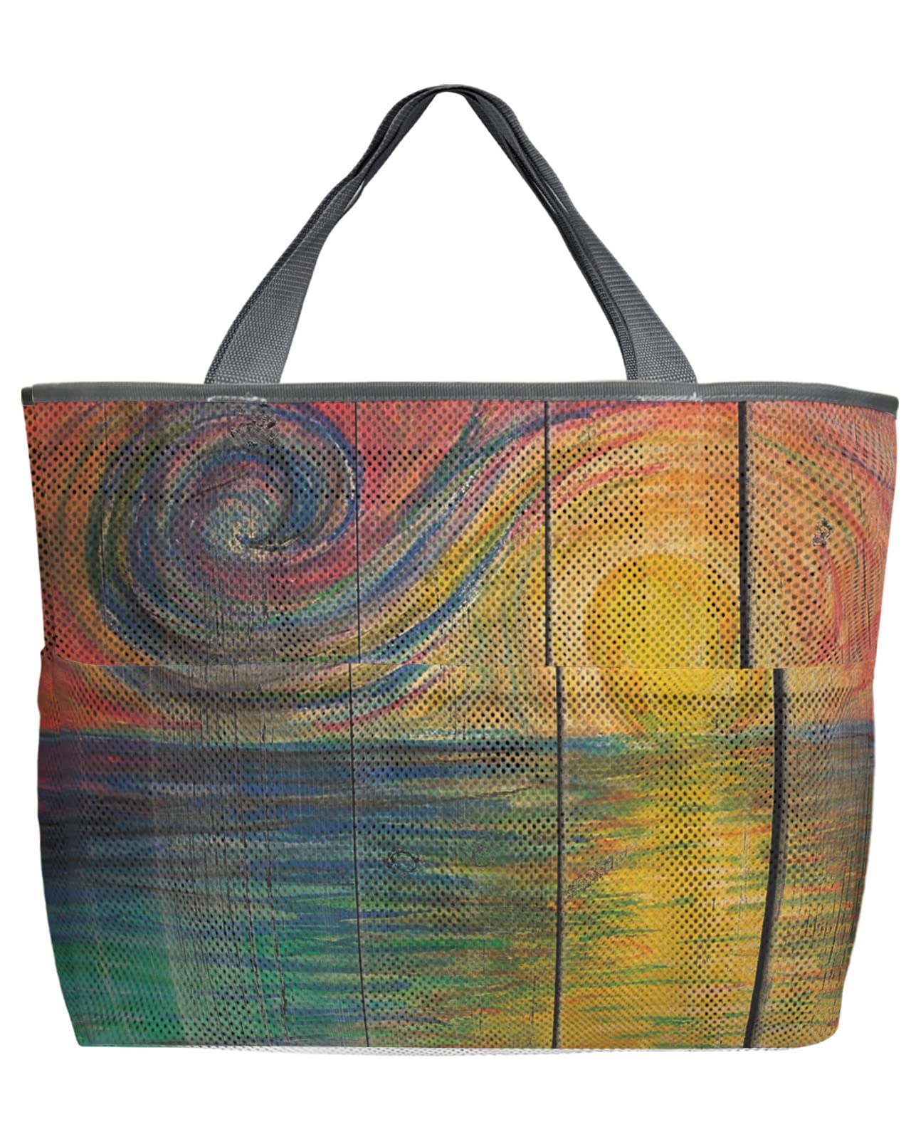 Wood Grain Mesh Beach Tote Bag - 60L Oversized Quick-Dry Swim Bag with Pockets | Foldable Lightweight Storage Net Bag for Pool, Beach & Grocery Shopping | 24