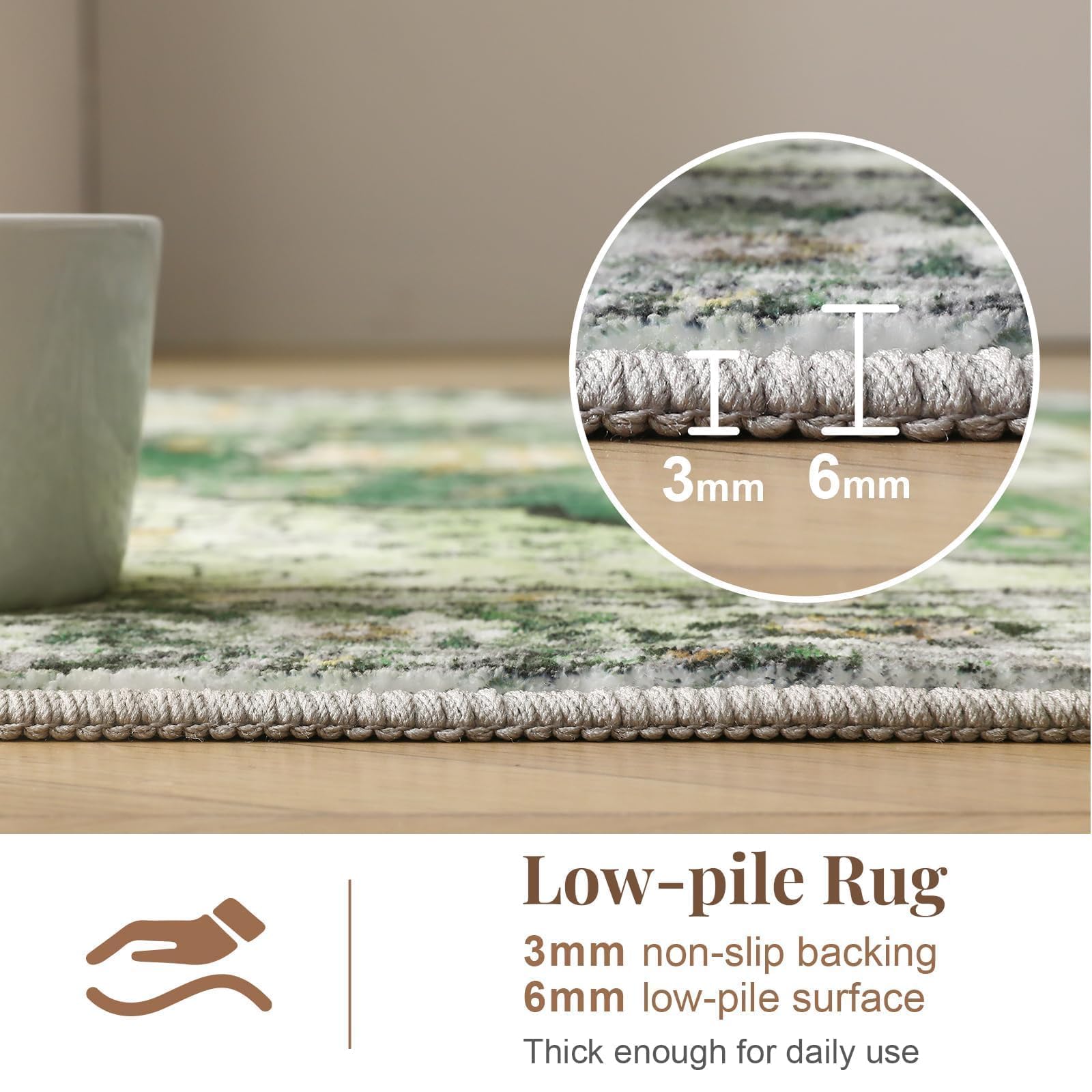 8x10 Area Rugs for Living Room & Bedroom - Faux Wool Low-Pile Non-Slip Washable Carpet with TPR Backing - Durable Green Large Rug for High Traffic Areas - Perfect for Home, Office & Apartment Decor