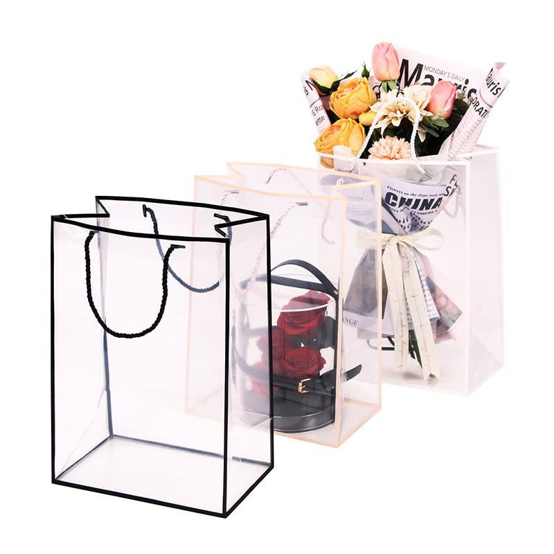 10 Pcs Clear Reusable Gift Bags with Handles - Flower Bouquet Wrapping, Party Favor, Snack & Goodie Bags for Weddings, Birthdays, Baby Showers & Craft Storage