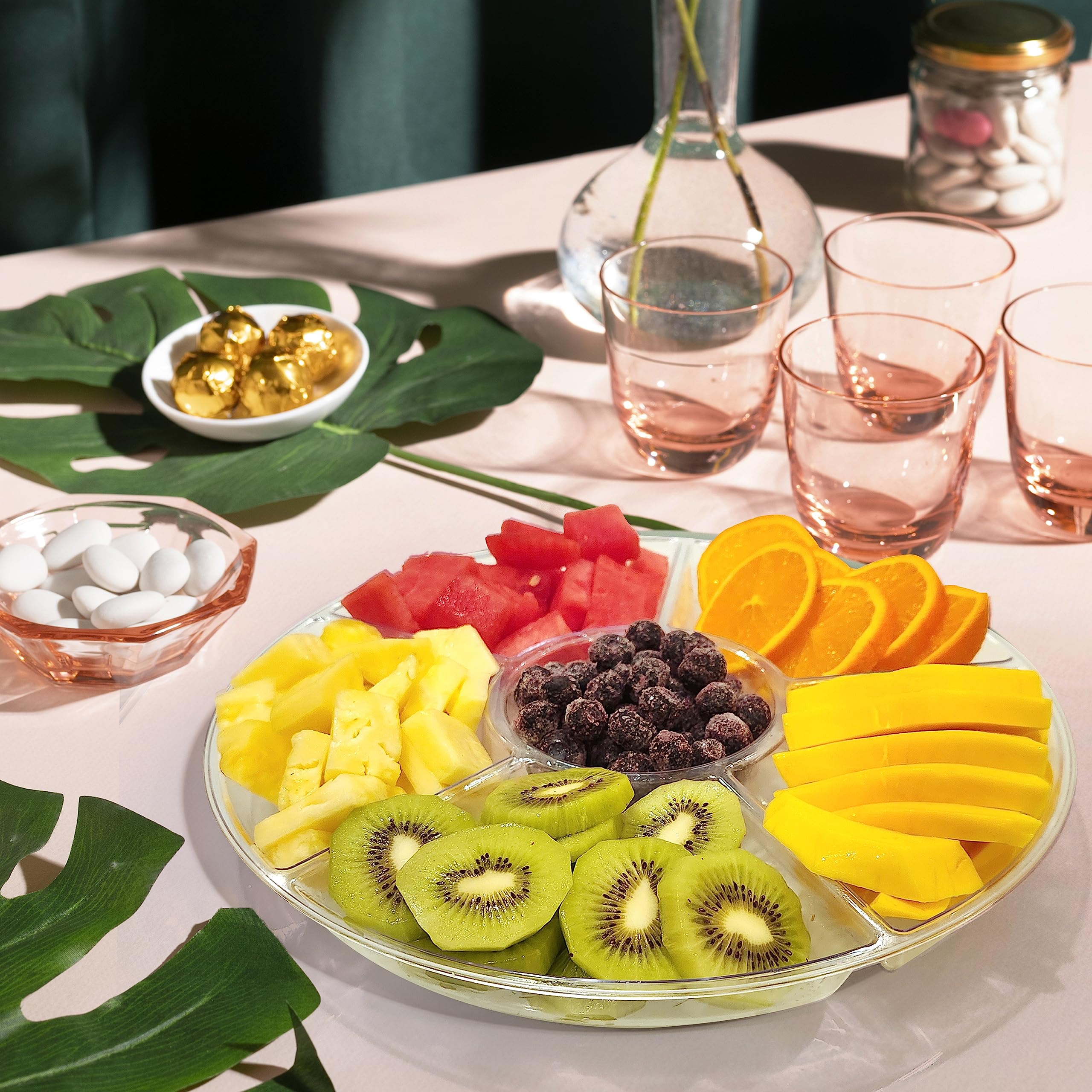 R-kay 4 Pack 12-Inch Clear Plastic Serving Trays with 6 Dividers - Heavy Duty Party Food Platters for Veggies, Appetizers & Snacks - Perfect for Buffets, BBQs, Picnics & Holiday Gatherings
