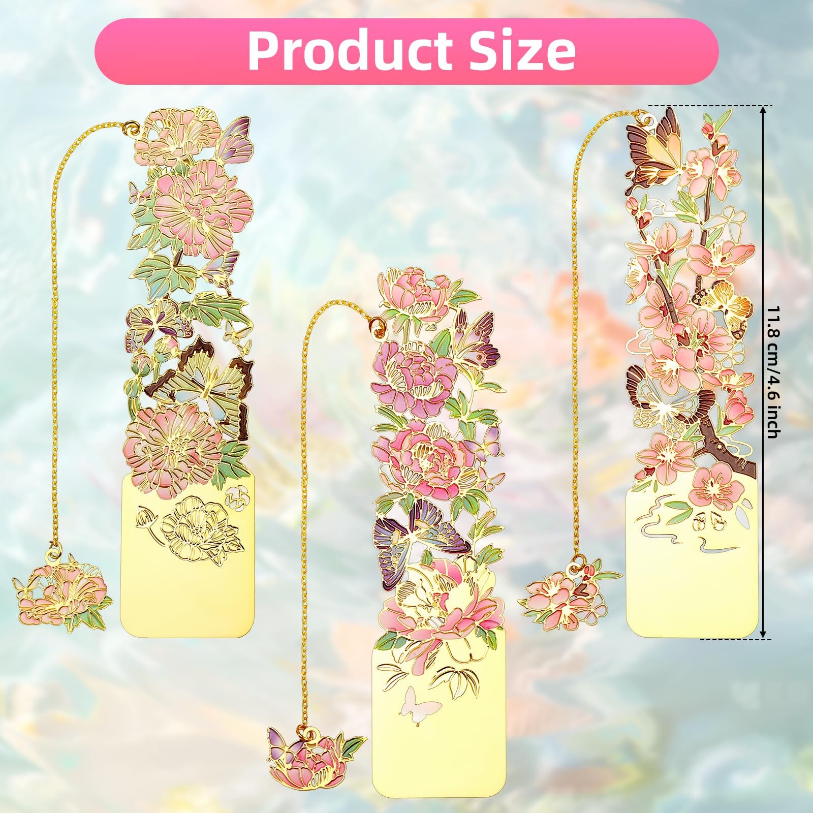 3 PCS Elegant Metal Bookmarks for Women - Floral Design with Peach Blossom, Cottonrose Hibiscus & Peony - Perfect Gift for Book Lovers, Readers & Students - Ideal for Books, Journals, Planners & Reading Accessories (BKM-050-001)