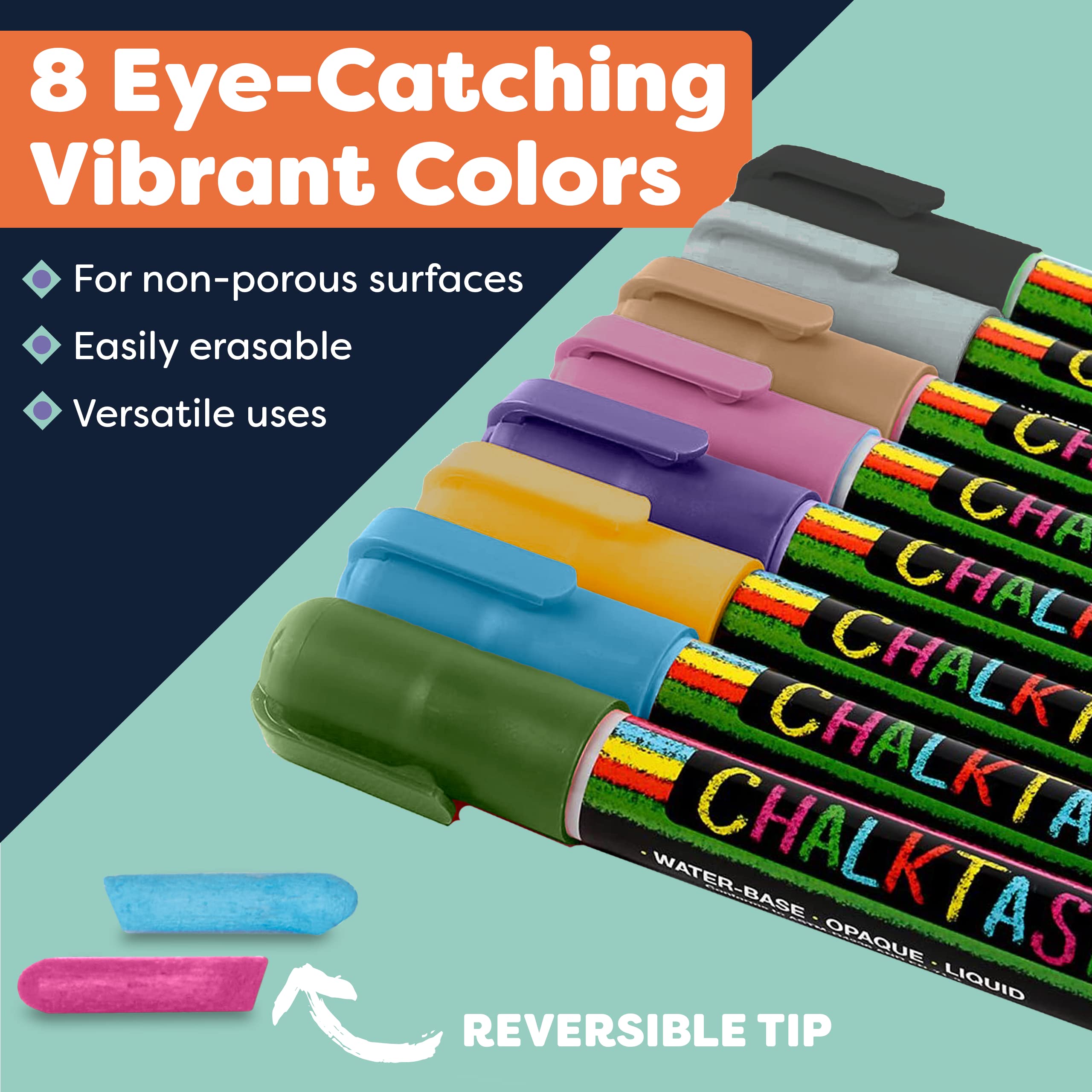 Metallic Liquid Chalk Markers - 8 Pack with Reversible 6mm Fine/Chisel Tip | Erasable Chalkboard Markers for Menu Boards, Glass, Windows, Blackboards & Signs | Perfect for Restaurants, Cafes, Bistros & Retail Displays