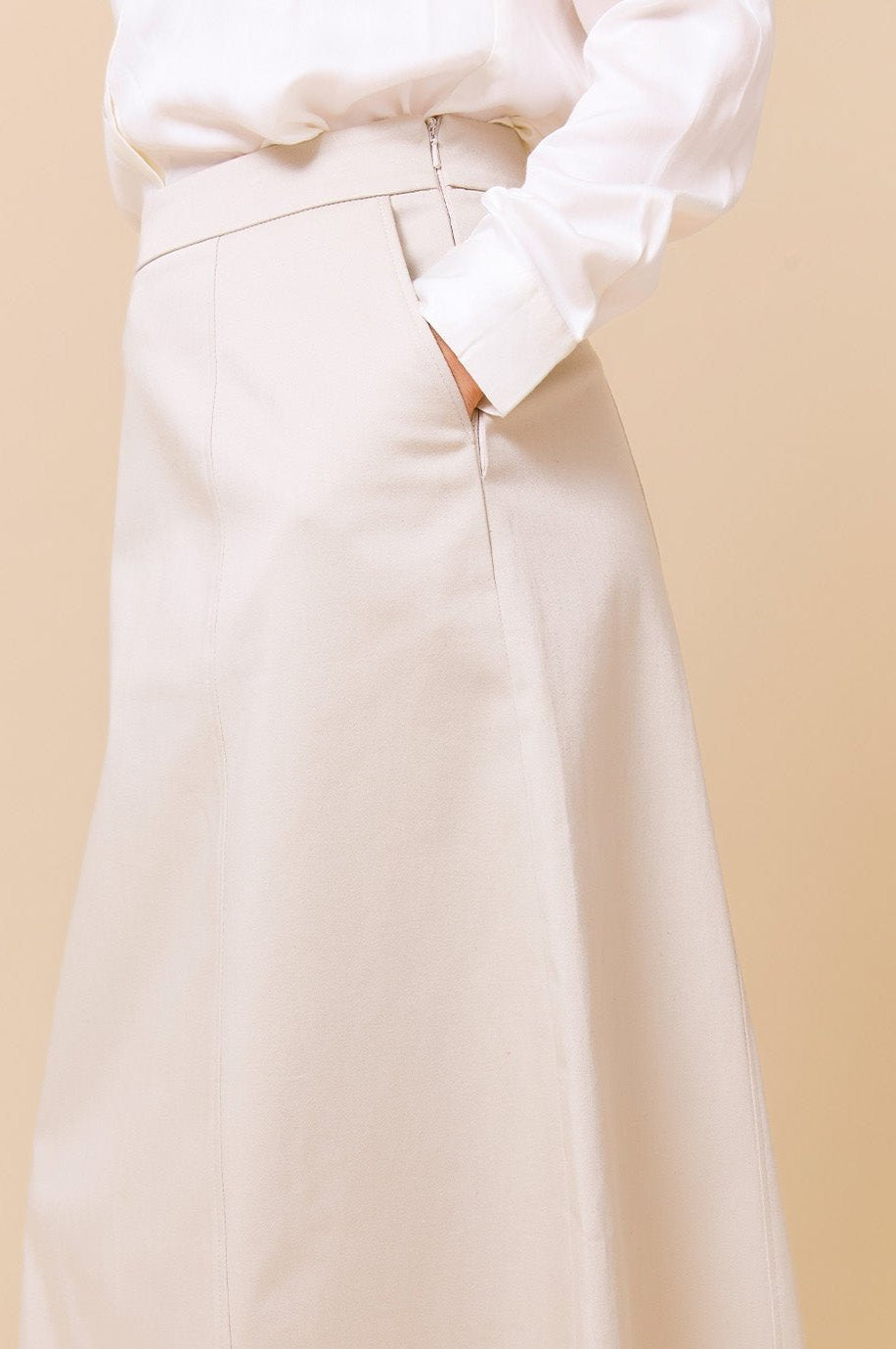 Susan Stretch Cotton Sateen Skirt - Women's Comfortable High Waist Flowy Midi Skirt in Taupe | Perfect for Office, Date Night & Casual Outfits