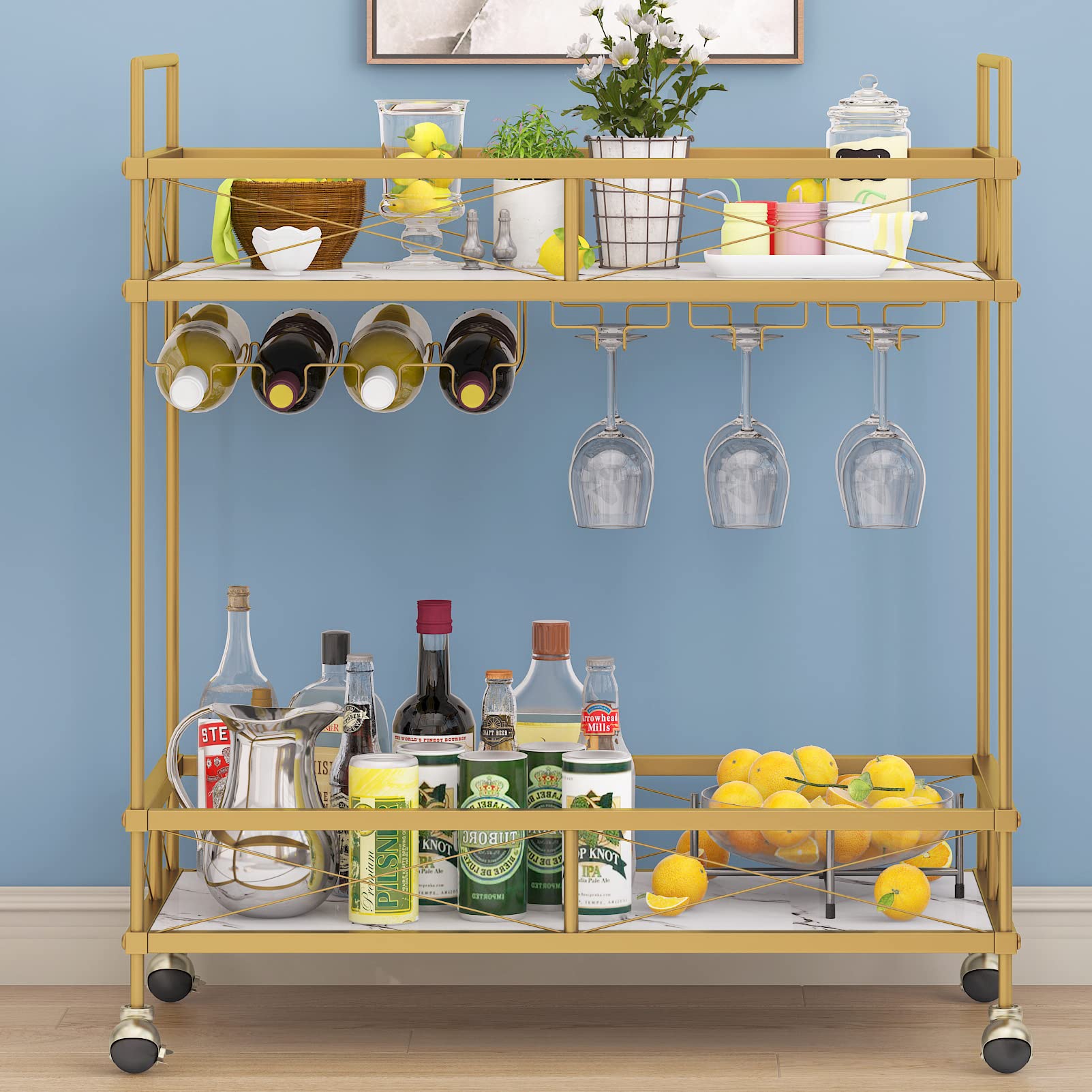 ASYA Gold Home Bar Serving Cart with Marble Shelves & Wine Rack - Modern Rolling Mini Bar Cart for Dining Room, Living Room, Home Bar - Perfect for Cocktail Parties, Wine Tasting & Home Entertaining